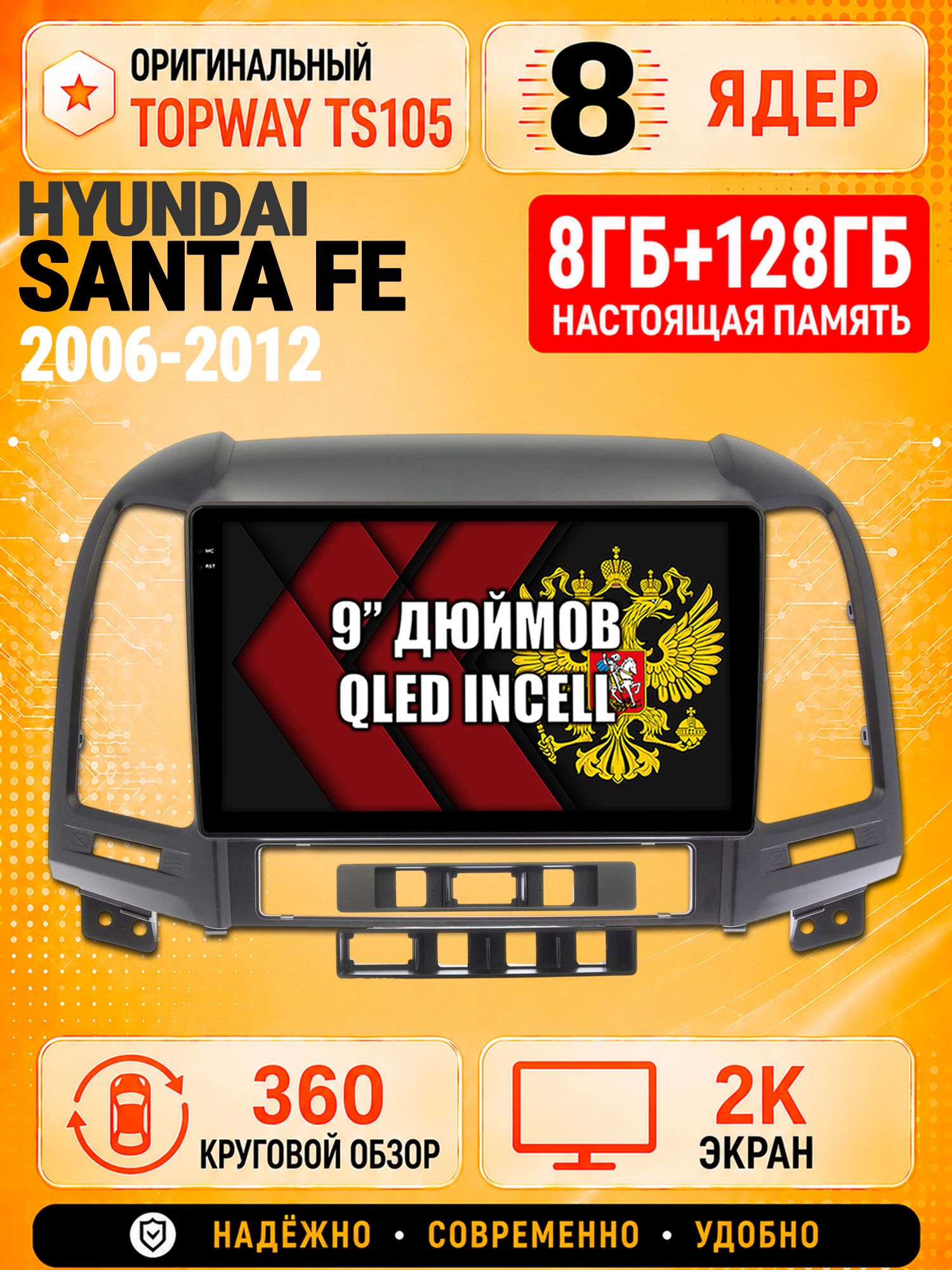 8 ядер TS105, 8гб+128гб, экран 2К и круговой обзор 360, для HYUNDAI SANTA FE (2006-2012), Андроид магнитола с Carplay