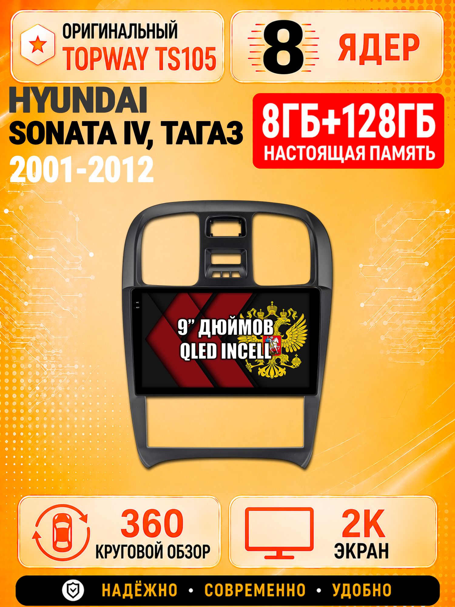 8 ядер TS105, 8гб+128гб, экран 2К и круговой обзор 360, для HYUNDAI SONATA IV (EF) - ТАГАЗ (2001-2012), Андроид магнитола с Carplay