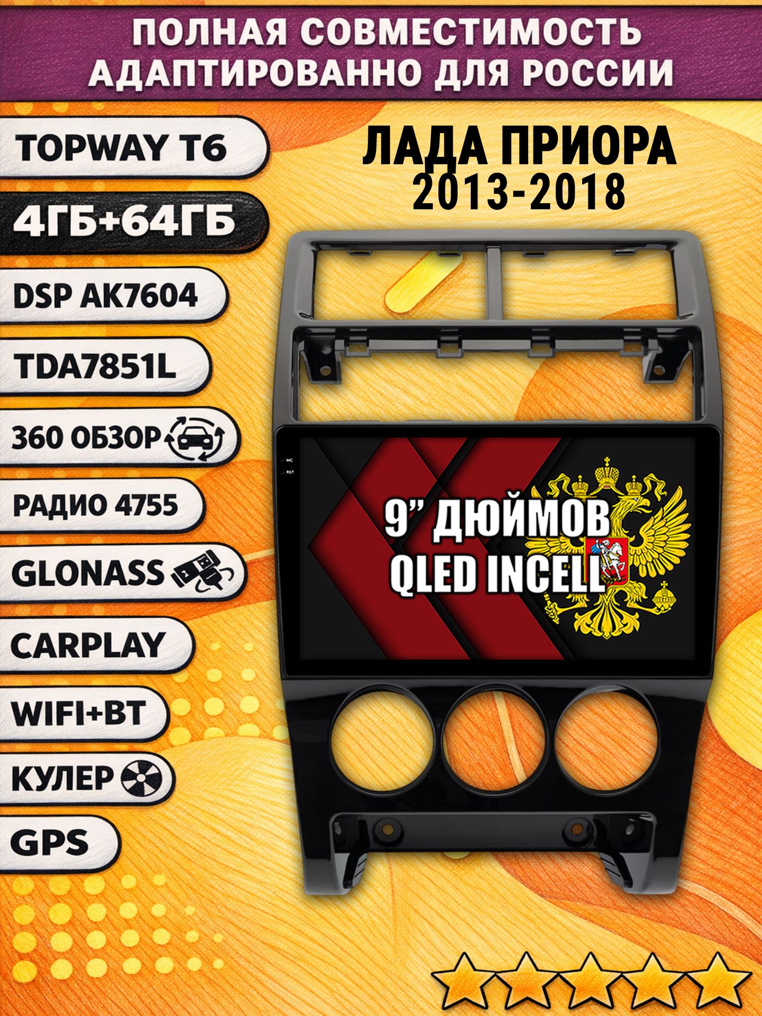 4ГБ+64ГБ магнитола для ЛАДА ПРИОРА (2013-2018), LADA PRIORA, 360 обзор, DSP, беспроводной CarPlay/Android Auto, GPS/ГЛОНАСС