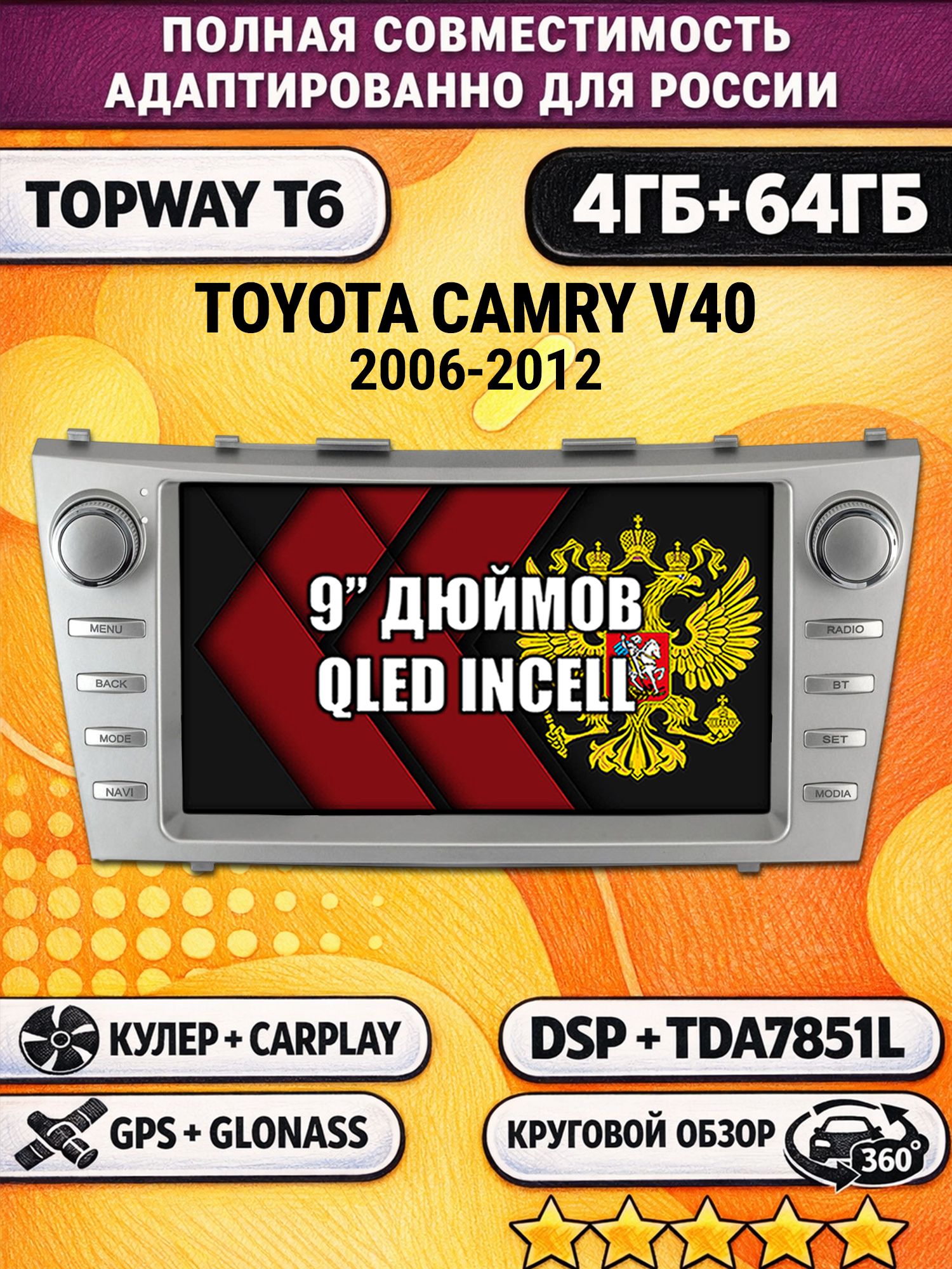 Штатная Андроид магнитола для TOYOTA CAMRY V40 (2006-2012), 4/64гб, 360 обзор, DSP, беспроводной CarPlay/Android Auto, GPS/ГЛОНАСС