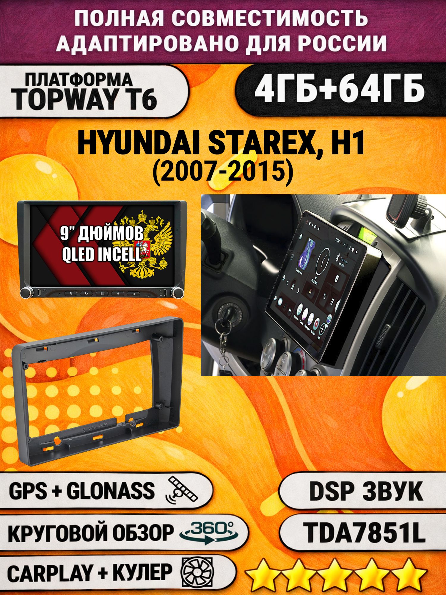 Штатная магнитола Андроид 9 для HYUNDAI H1, H-1, STAREX (2007-2015), 4/64гб, DSP, 360 обзор, беспроводной CarPlay и Android Auto, GPS и ГЛОНАСС