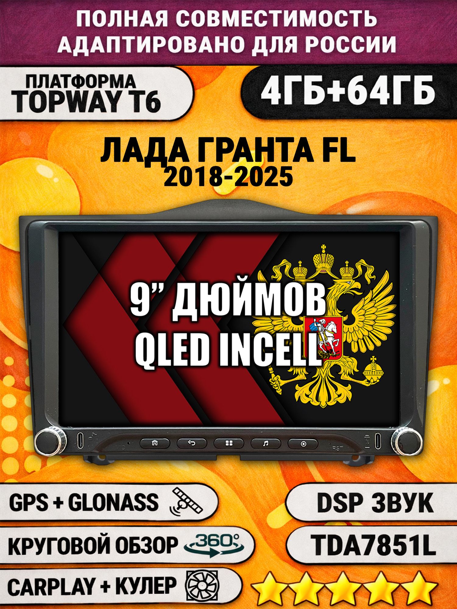 Штатная магнитола Андроид 9 для LADA GRANTA FL ЛАДА ГРАНТА ФЛ (2018 2019 2020 2021 2022 2023 2024 2025), 4/64гб, DSP, 360 обзор, беспроводной CarPlay и Android Auto, GPS и ГЛОНАСС