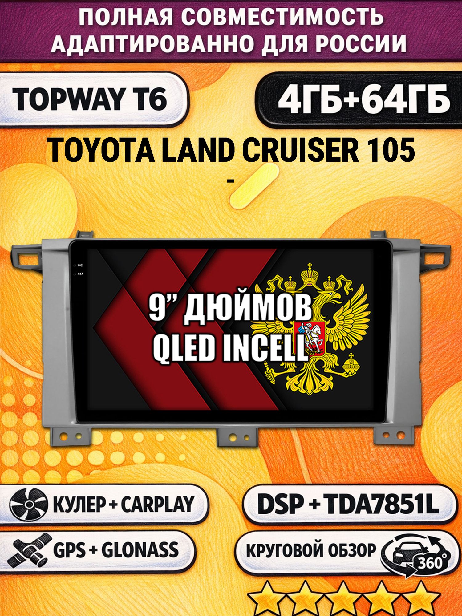 Штатная Андроид магнитола для TOYOTA LAND CRUISER 105, 4/64гб, 360 обзор, DSP, беспроводной CarPlay/Android Auto, GPS/ГЛОНАСС