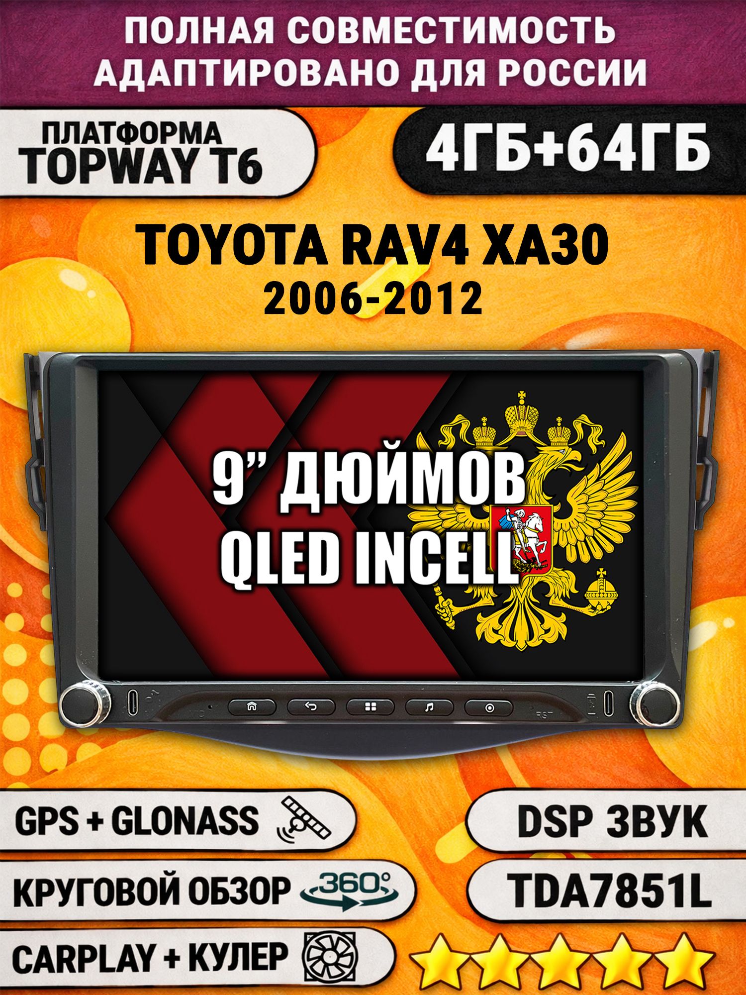 Штатная магнитола Андроид 9 для TOYOTA RAV4 XA30 (2006 2007 2008 2009 2010 2011 2012) RAV 4, 4/64гб, DSP, 360 обзор, беспроводной CarPlay и Android Auto, GPS и ГЛОНАСС