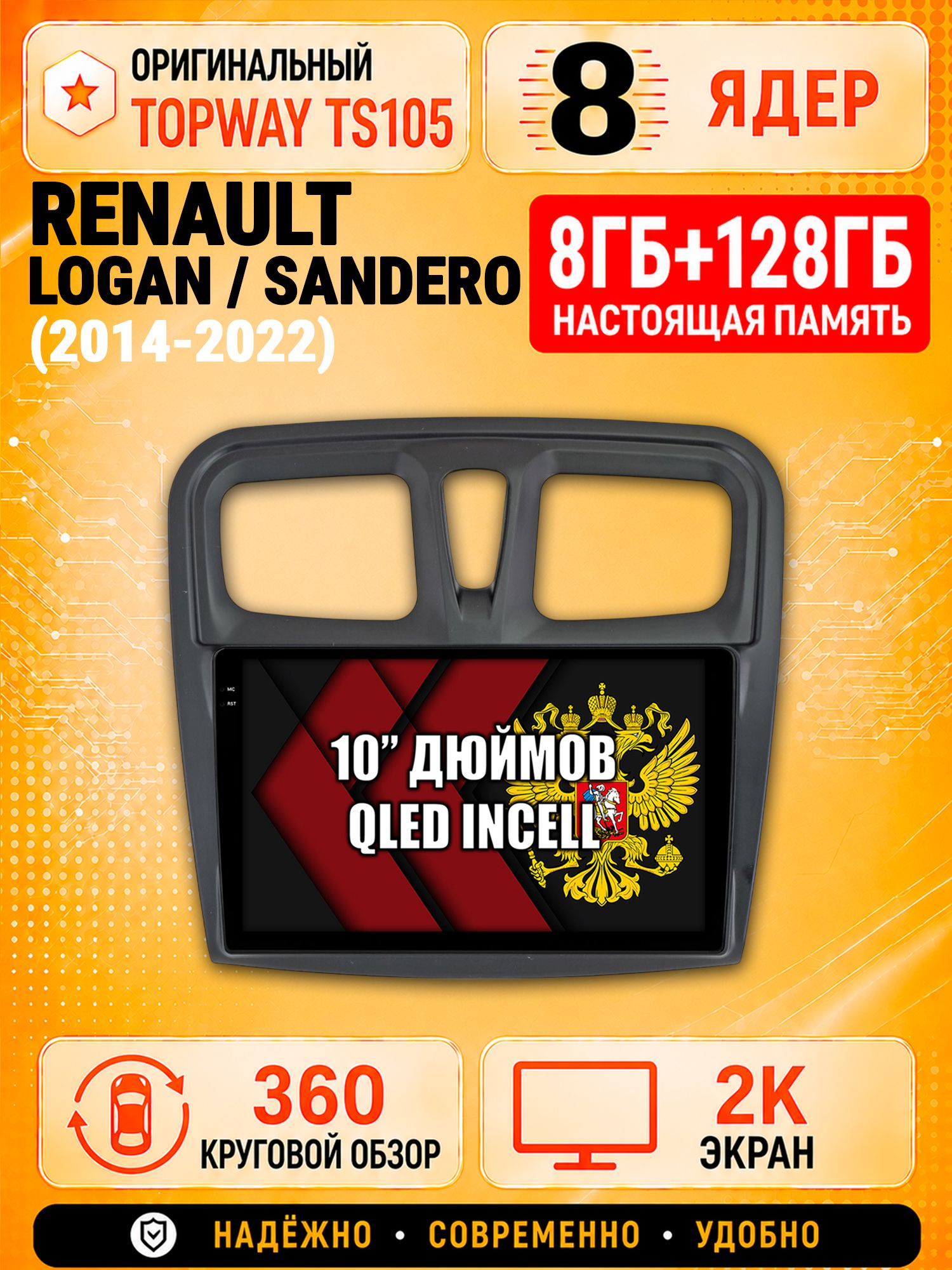 8 ядер 8гб+128гб с 360 обзором андроид магнитола для RENAULT LOGAN, SANDERO (2014 2015 2016 2017 2018 2019 2020 2021 2022), Android TS105 с 4G LTE и Carplay