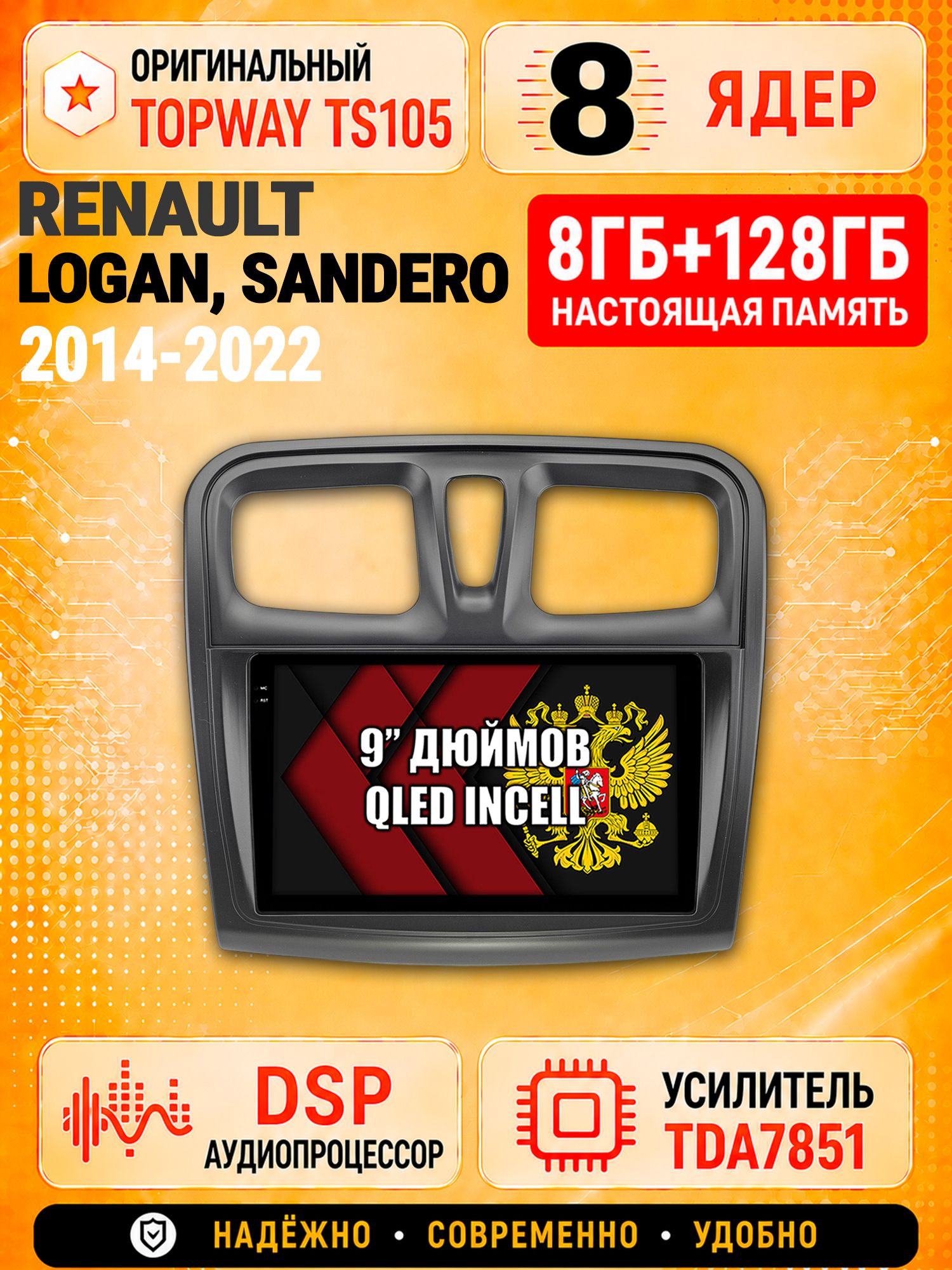 8 ядер TS105 с памятью 8гб+128гб для Renault LOGAN, Sandero (2014-2022), Штатная андроид магнитола, DSP, 4G, беспроводной CarPlay/Android Auto