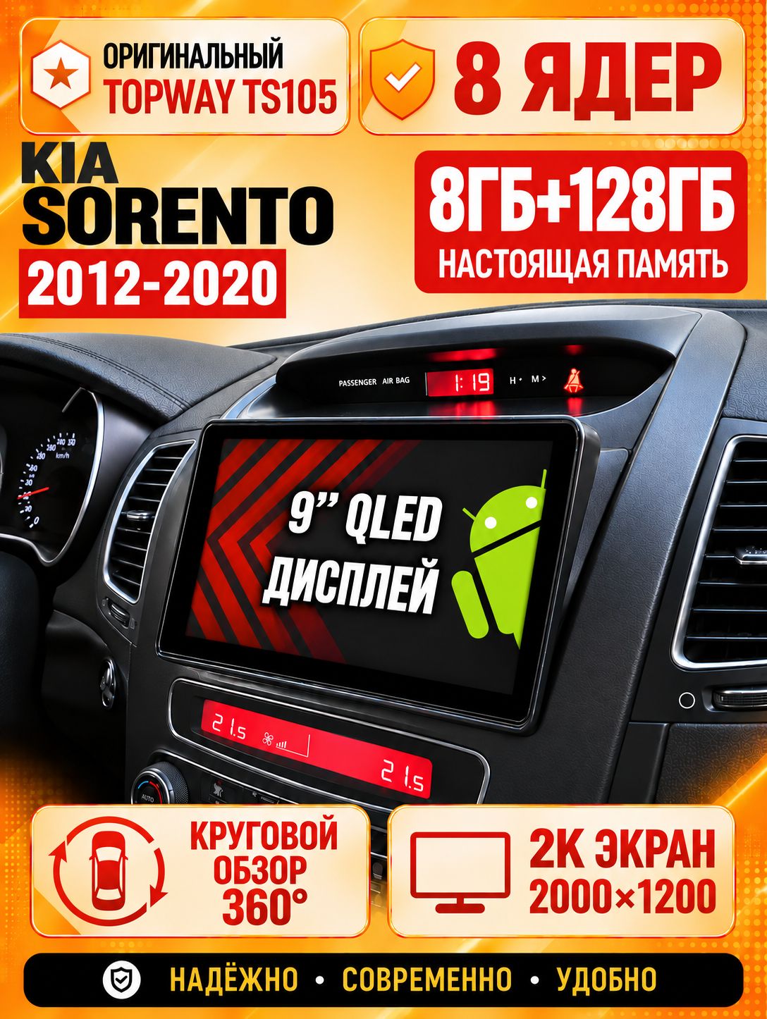 8 ядер TS105, 8гб+128гб, экран 2К и круговой обзор 360, для KIA SORENTO (2012-2020), Андроид магнитола с Carplay