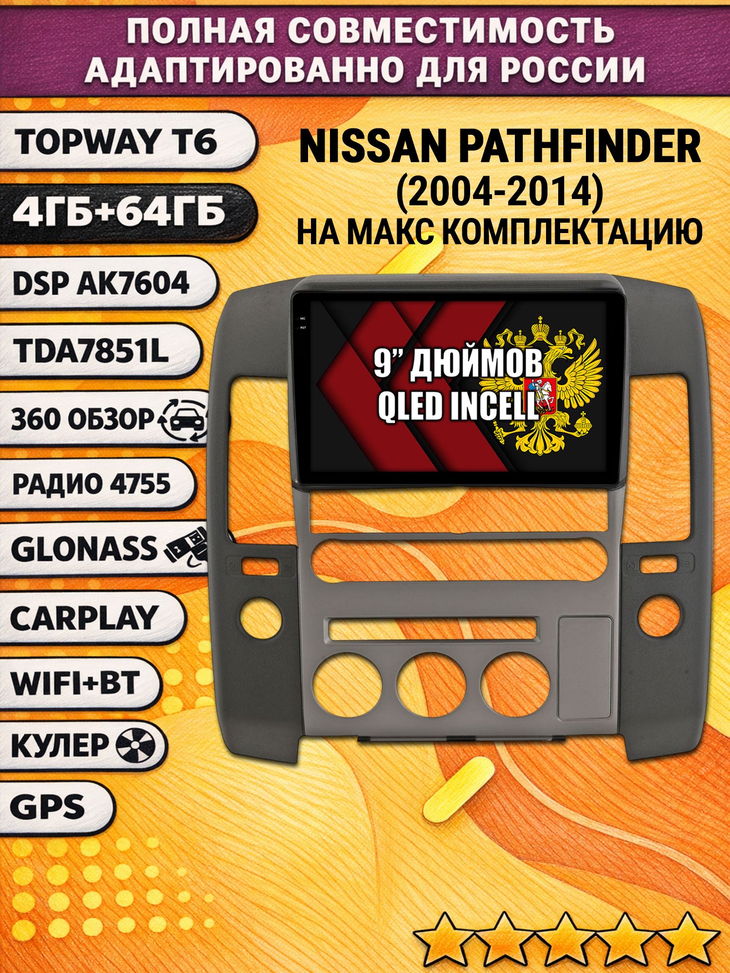 Штатная Андроид магнитола для NISSAN PATHFINDER (2004-2014) Ниссан партфайндер, 4/64гб, 360 обзор, DSP, беспроводной CarPlay/Android Auto, GPS/ГЛОНАСС
