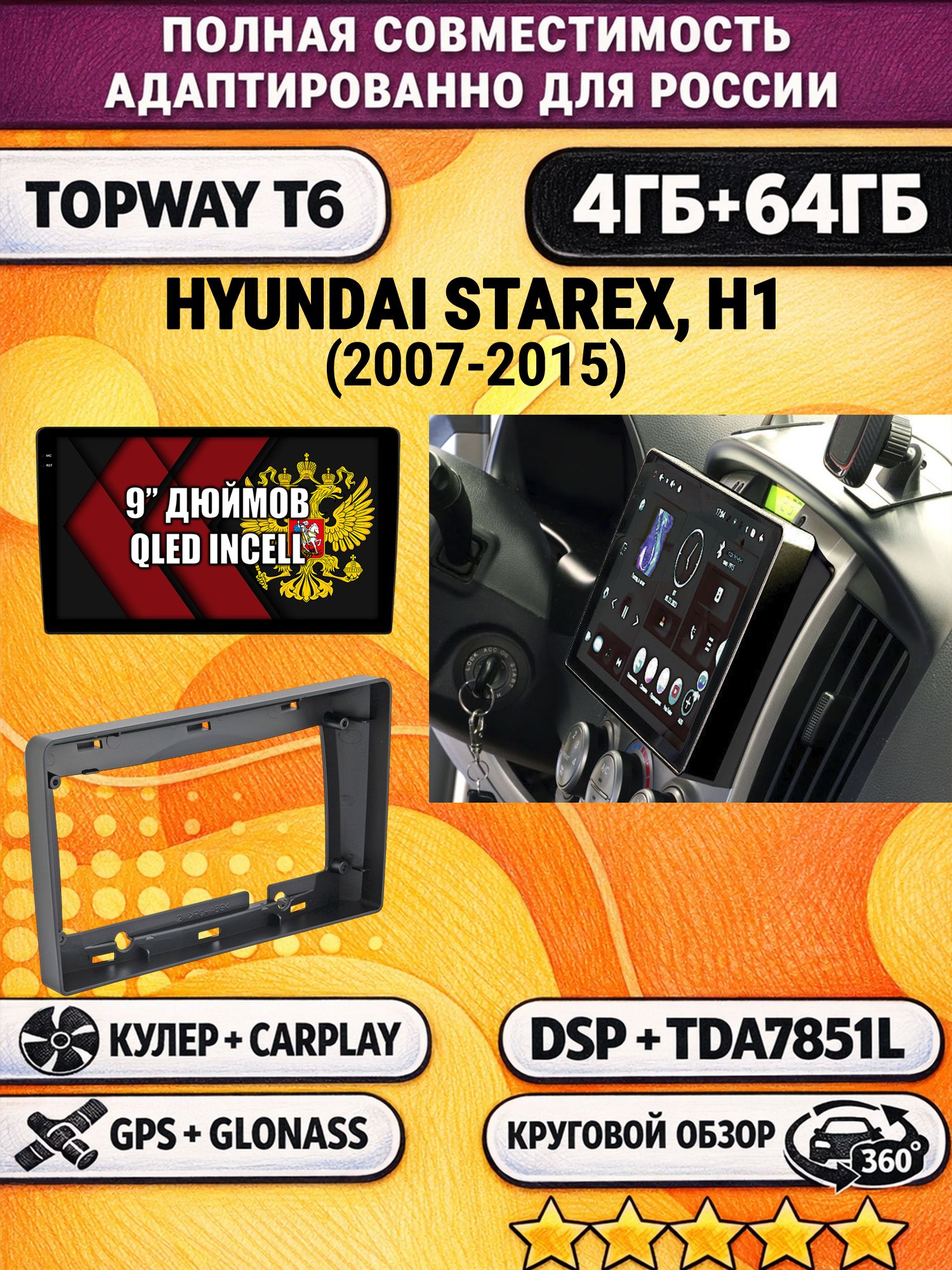 Штатная Андроид магнитола для HYUNDAI H1, H-1, STAREX (2007-2015), 4/64гб, 360 обзор, DSP, беспроводной CarPlay/Android Auto, GPS/ГЛОНАСС
