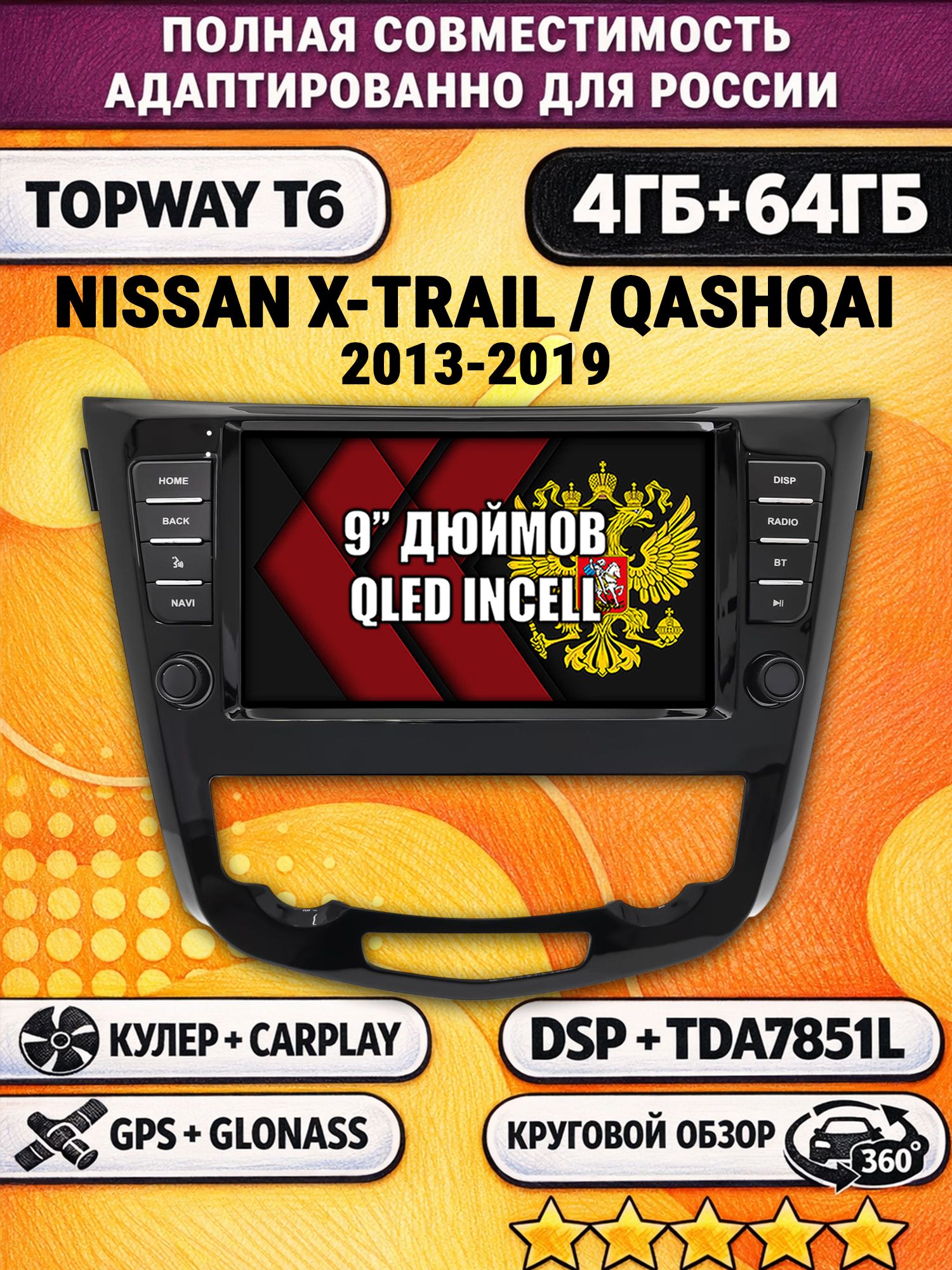 Штатная Андроид магнитола для NISSAN X-TRAIL, QASHQAI, T32 XTRAIL (2013-2022), для комплектации без 360 обзора, 4/64гб, 360 обзор, DSP, беспроводной CarPlay/Android Auto, GPS/ГЛОНАСС