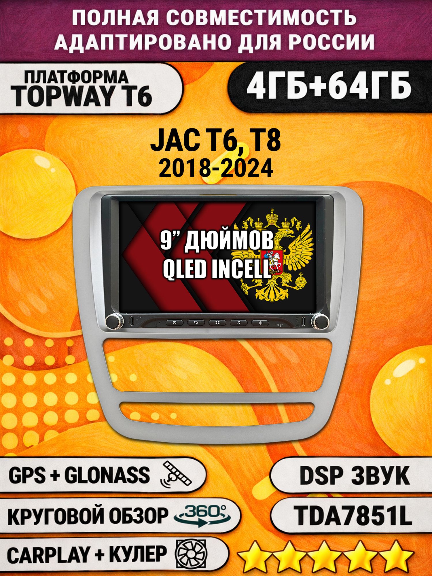 Штатная магнитола Андроид для JAC T6 T8 (2018-2024), 4/64гб, DSP, 360 обзор, беспроводной CarPlay и Android Auto, GPS и ГЛОНАСС