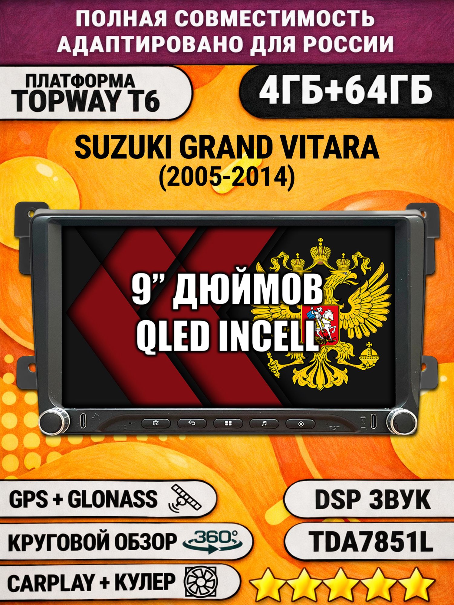 Штатная магнитола Андроид 9 для SUZUKI GRAND VITARA (2005-2014), 4/64гб, DSP, 360 обзор, беспроводной CarPlay и Android Auto, GPS и ГЛОНАСС