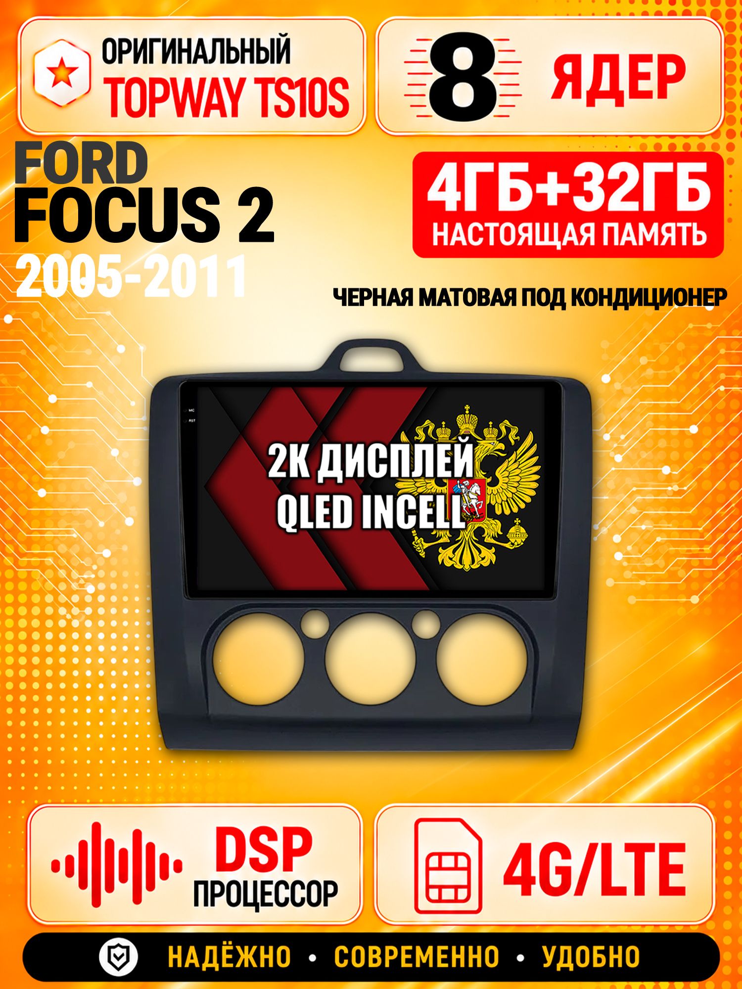 8 ядер TS10S, память 4гб+32гб и экран 2К, для FORD FOCUS (2005 2006 2007 2008 2009 2010 2011) Фокус, Android магнитола с Carplay и 4G LTE - Рамка под кондиционер - черная матовая
