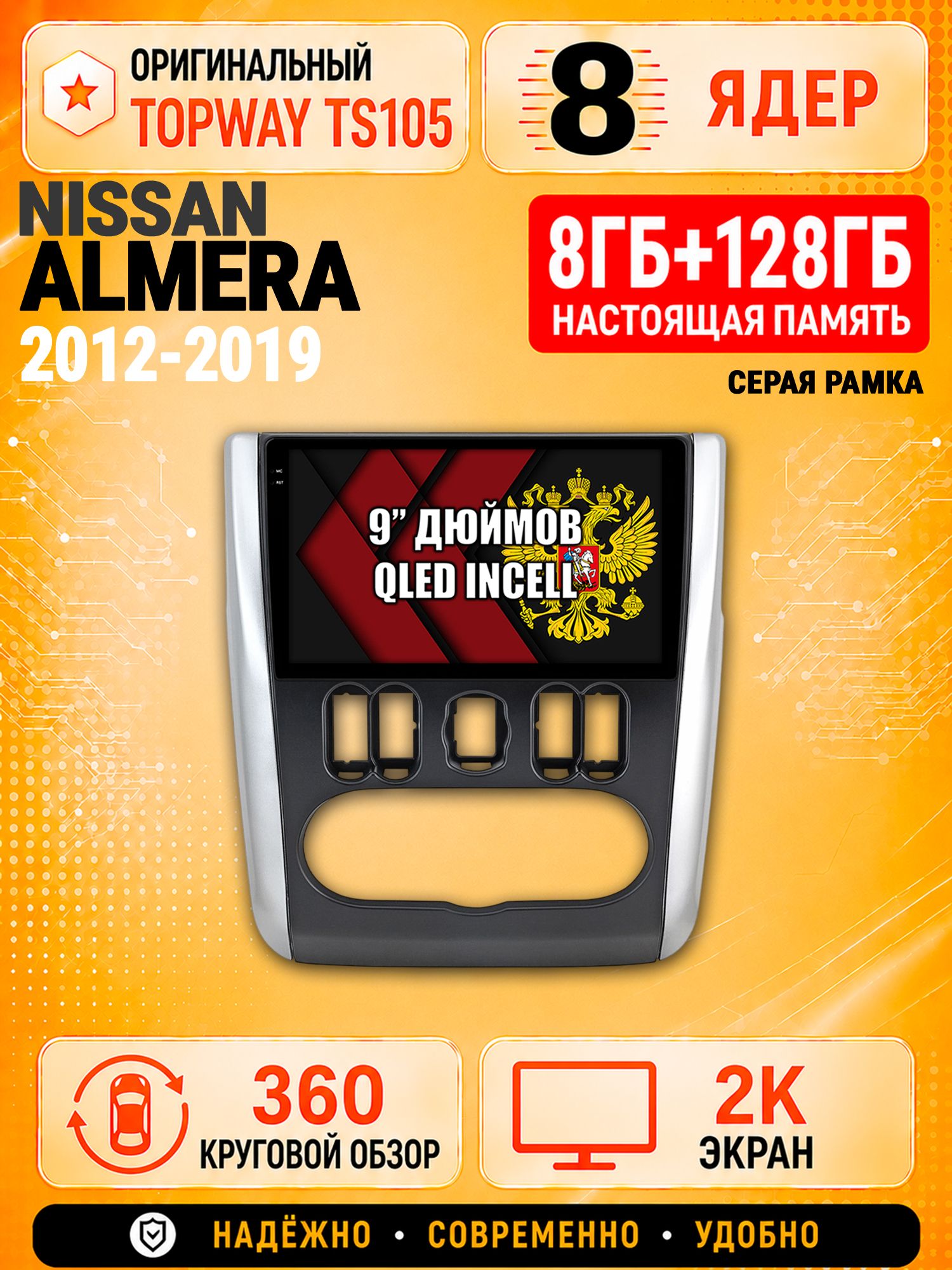 8 ядер TS105, 8гб+128гб, экран 2К и круговой обзор 360, для NISSAN ALMERA (2012-2019), Андроид магнитола с Carplay - Серая рамка
