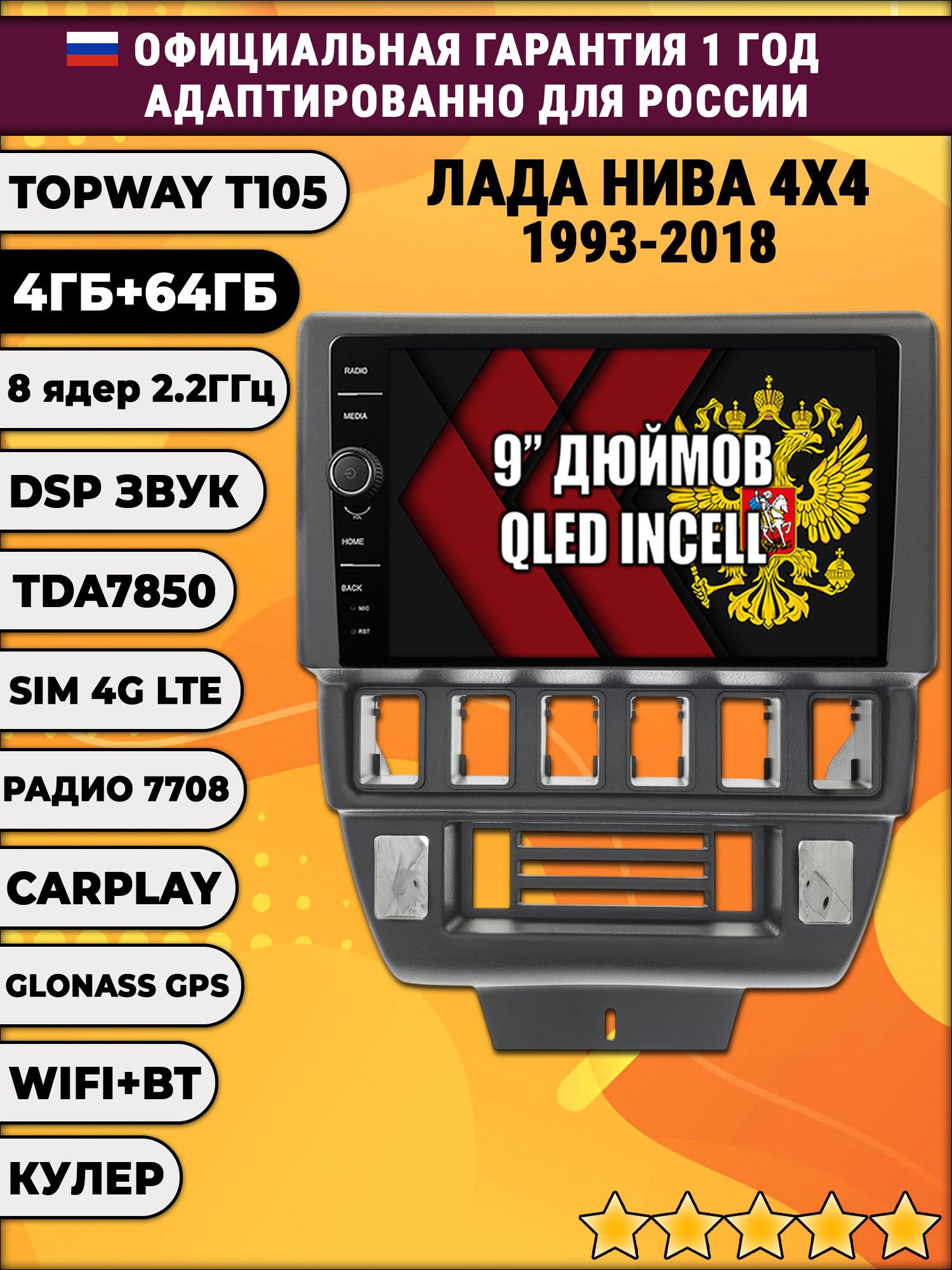 Штатная Андроид магнитола 9 для Лада Нива (1993-2018), Lada Niva 4X4, TS105 8 ядер, 4/64гб, Qled Incell, CarPlay/Android Auto, Gps/Глонасс