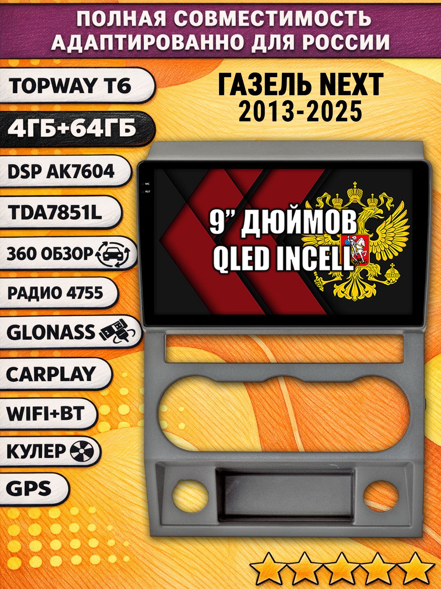 Штатная Андроид магнитола для Газель Некст Next (2013 2014 2015 2016 2017 2018 2019 2020 2021 2022 2023 2024 2025), 4/64гб, 360 обзор, DSP, беспроводной CarPlay/Android Auto, GPS/ГЛОНАСС