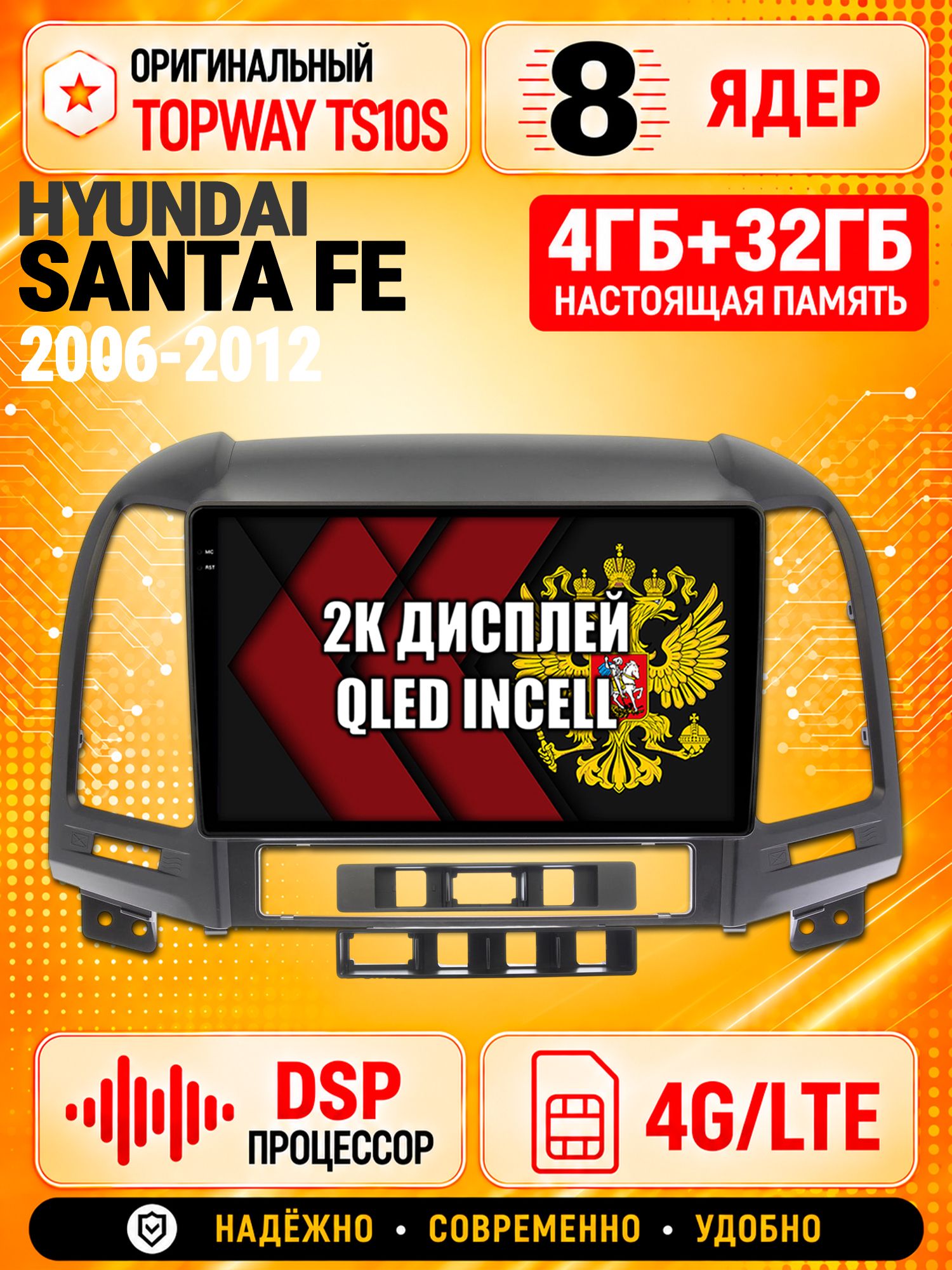 8 ядер TS10S, память 4гб+32гб и экран 2К, для HYUNDAI SANTA FE (2006-2012), Android магнитола с Carplay и 4G LTE