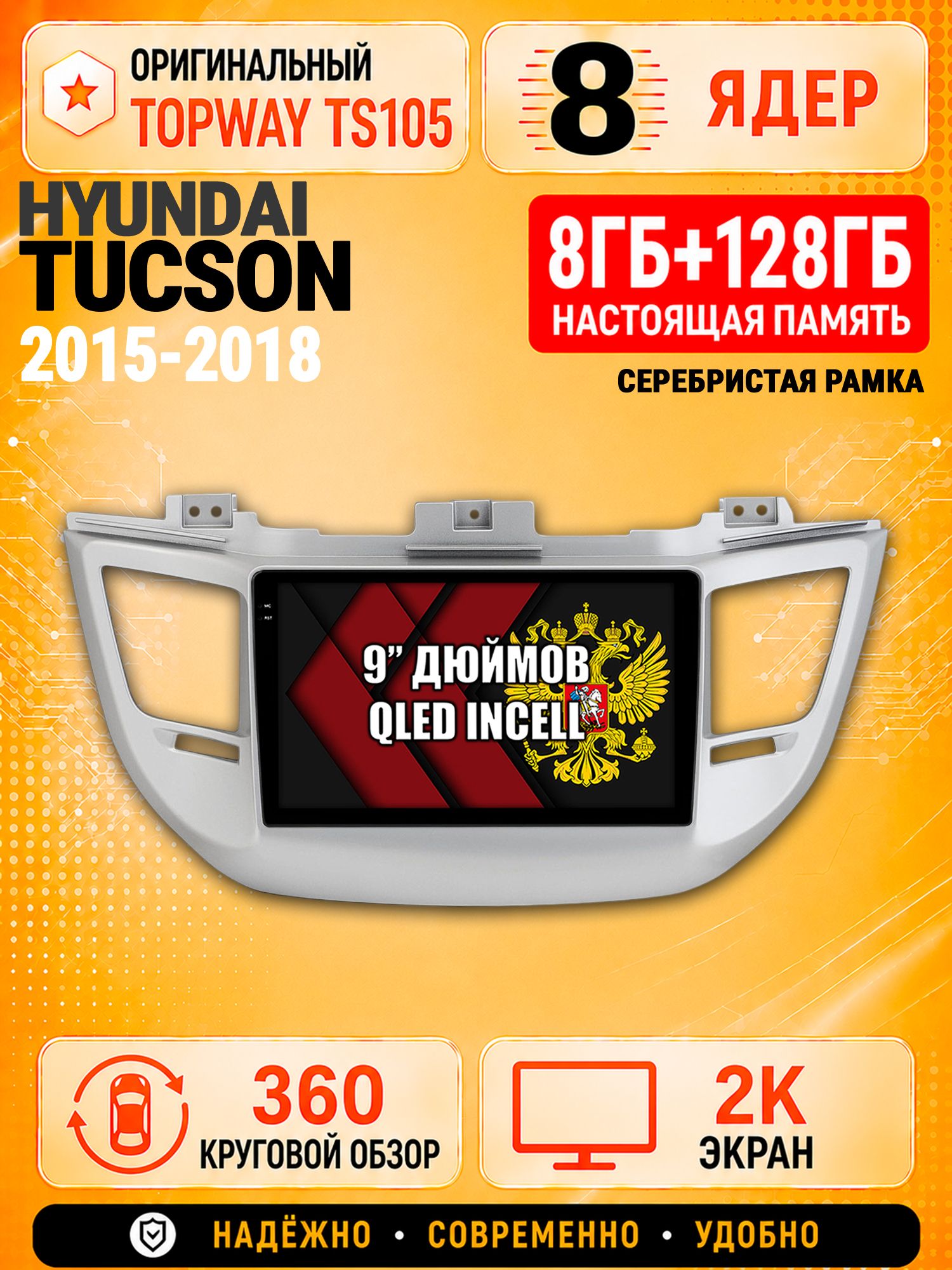 8 ядер TS105, 8гб+128гб, экран 2К и круговой обзор 360, для HYUNDAI TUCSON (2015-2018), Андроид магнитола с Carplay - рамка серебро