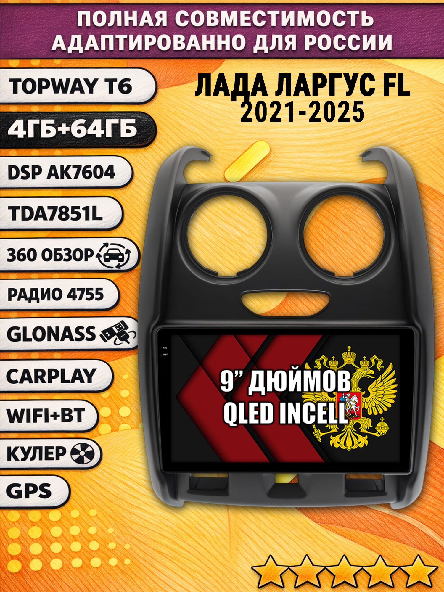 Штатная Андроид магнитола для LADA LARGUS FL / ЛАДА ЛАРГУС ФЛ (2021 2022 2023 2024 2025), 4/64гб, 360 обзор, DSP, беспроводной CarPlay/Android Auto, GPS/ГЛОНАСС, рамка матовая
