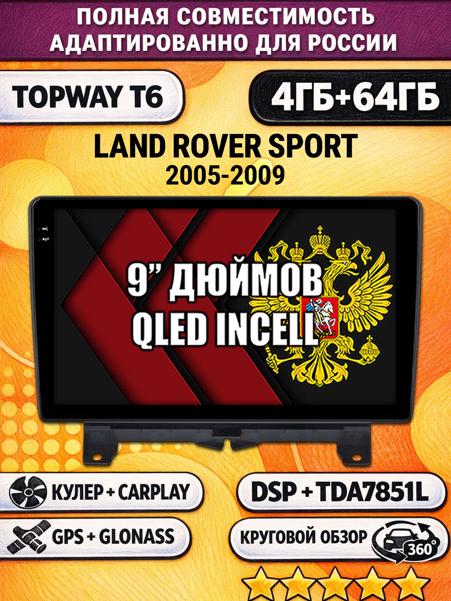 Штатная Андроид магнитола для LAND ROVER SPORT (2005-2009), 4/64гб, 360 обзор, DSP, беспроводной CarPlay/Android Auto, GPS/ГЛОНАСС