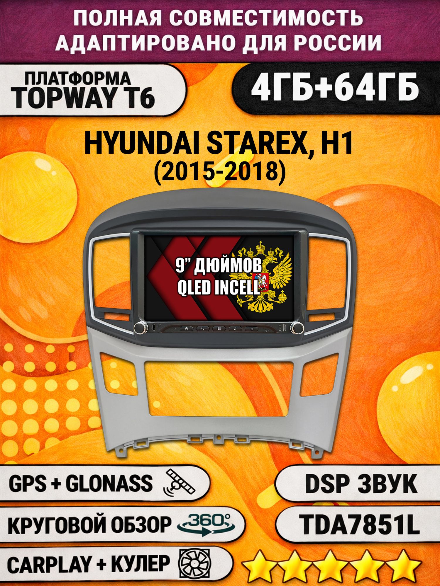 Штатная магнитола Андроид 9 для HYUNDAI H1, H-1, STAREX (2015-2018), 4/64гб, DSP, 360 обзор, беспроводной CarPlay и Android Auto, GPS и ГЛОНАСС