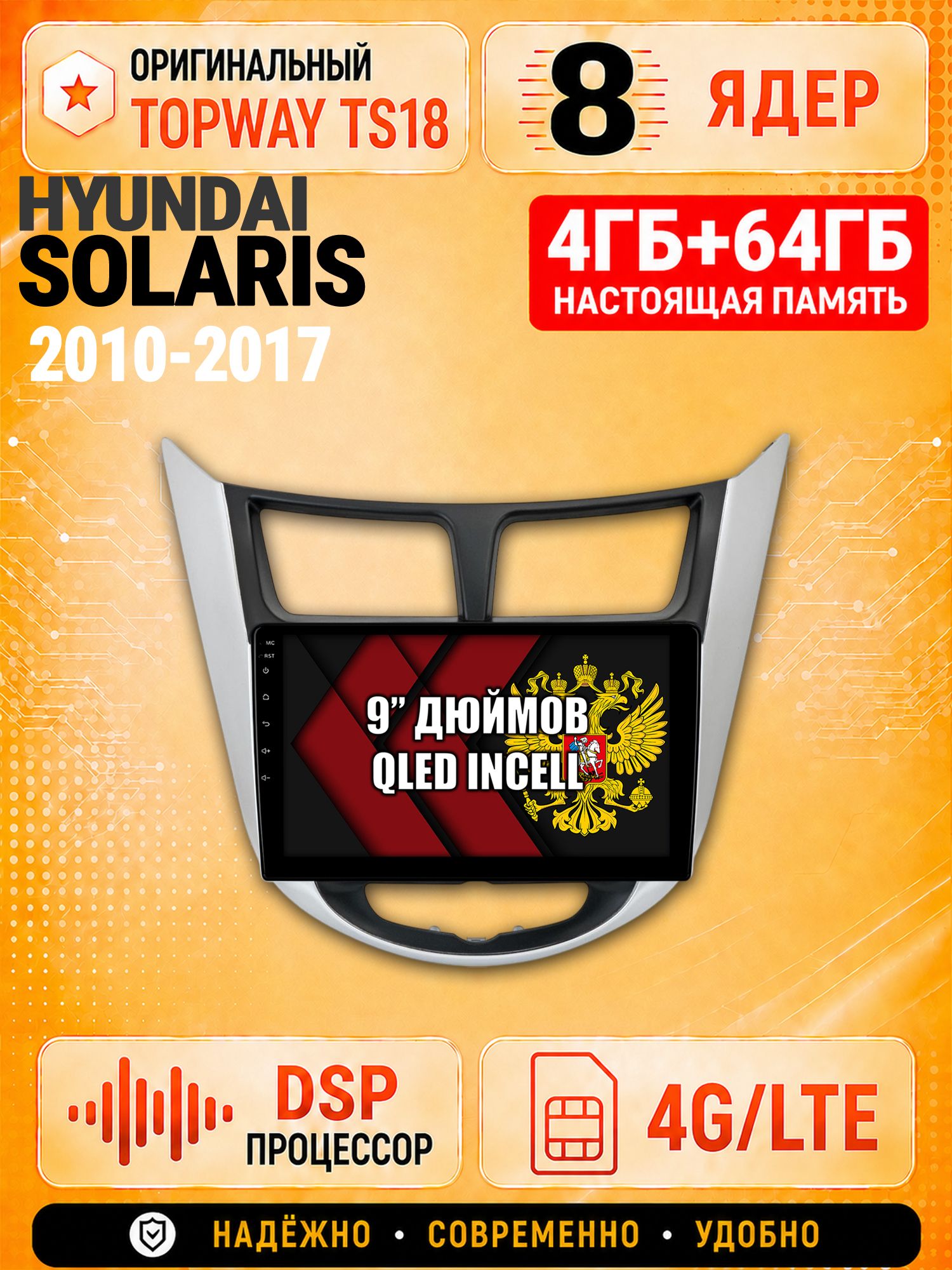 8 ядер 4гб+64гб для HYUNDAI SOLARIS (2010 2011 2012 2013 2014 2015 2016 2017) Соларис, рамка с черным центром, Андроид магнитола с Carplay и Android Auto