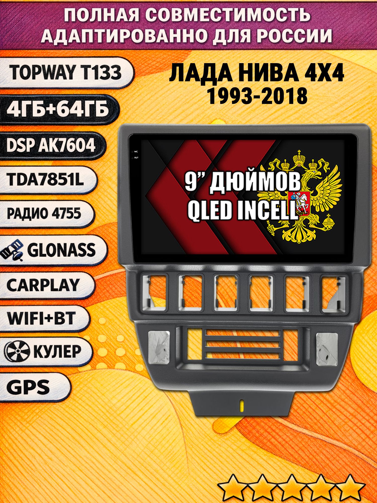 Штатная Андроид магнитола 9 для ЛАДА НИВА (1993-2018), LADA NIVA 4X4, 4/64гб, DSP, беспроводной CarPlay и Android Auto, GPS и ГЛОНАСС