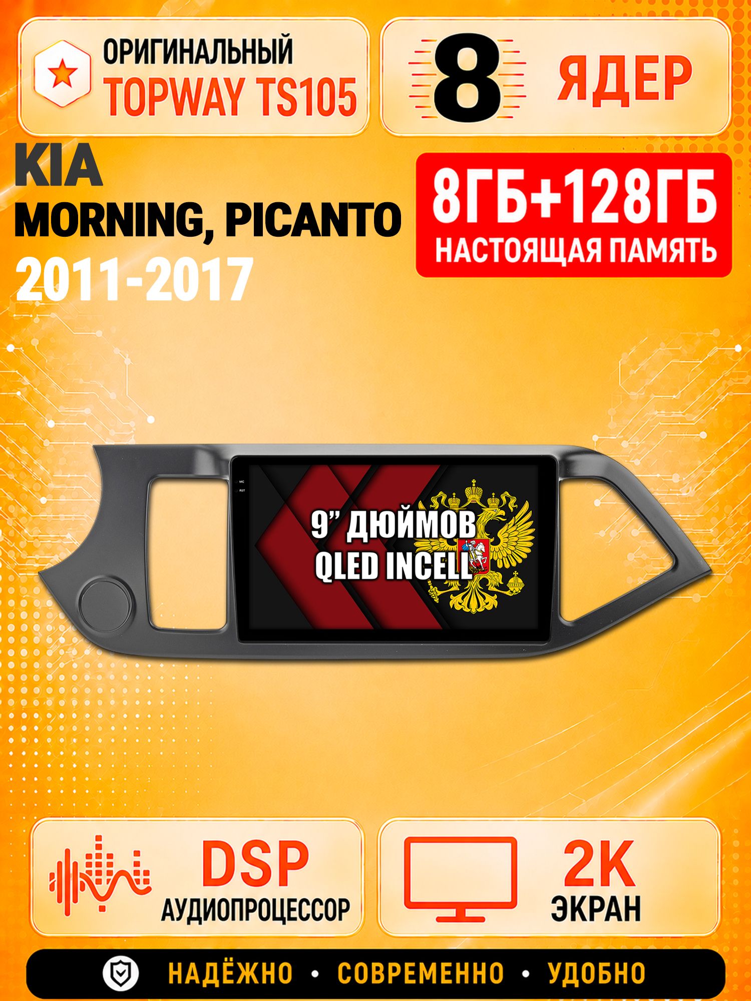 8 ядер TS105, 8гб+128гб, экран 2К, для KIA MORNING (2011-2017) / PICANTO (2011-2017), Андроид автомагнитола с Carplay и Android auto