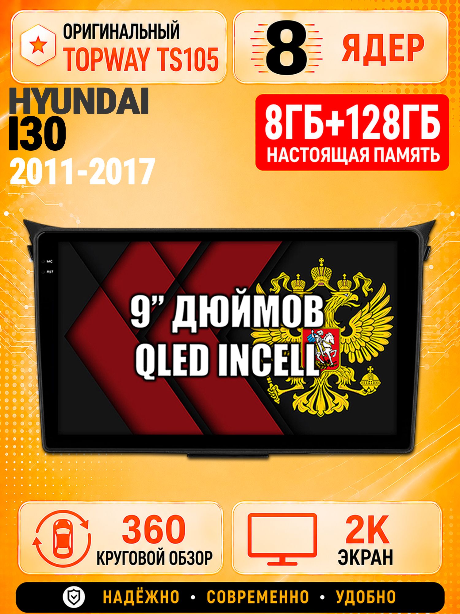 8 ядер TS105, 8гб+128гб, экран 2К и круговой обзор 360, для HYUNDAI I30 (2011-2017), Андроид магнитола с Carplay