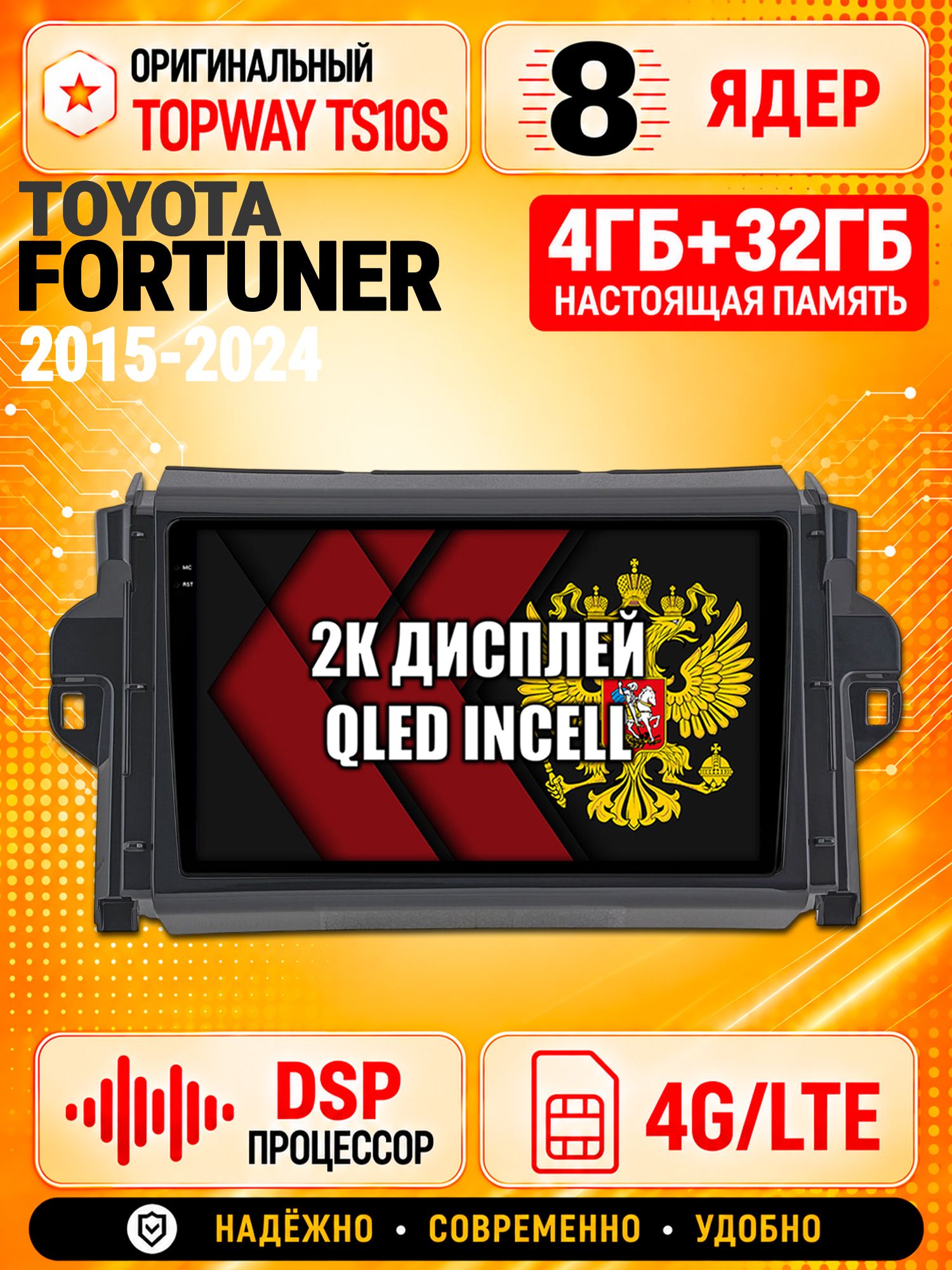 8 ядер TS10S, память 4гб+32гб и экран 2К, для TOYOTA FORTUNER (2015+), Android магнитола с Carplay и 4G LTE