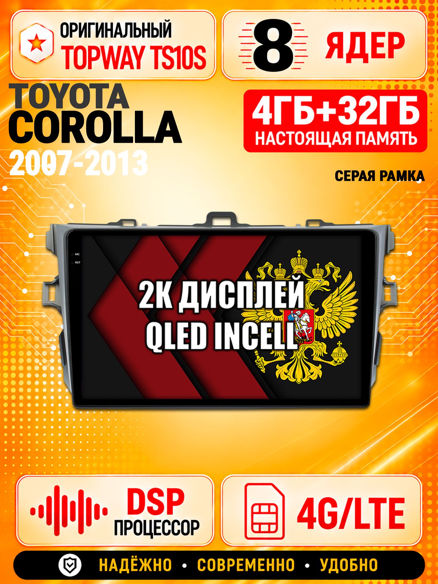 8 ядер TS10S, память 4гб+32гб и экран 2К, для TOYOTA COROLLA (2007-2013), Android магнитола с Carplay и 4G LTE - Серая рамка