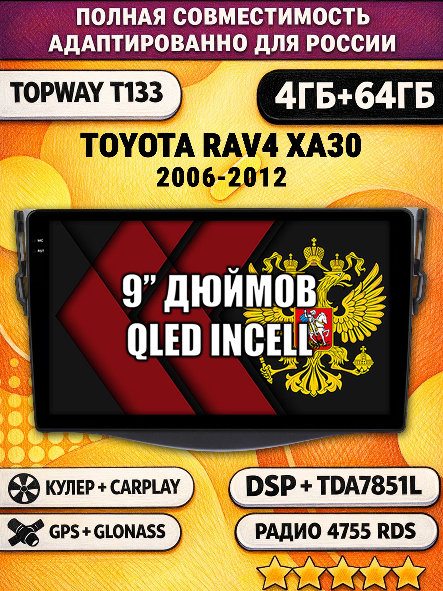 Штатная Андроид магнитола 9 для TOYOTA RAV4 XA30 (2006 2007 2008 2009 2010 2011 2012) RAV 4, 4/64гб, DSP, беспроводной CarPlay и Android Auto, GPS и ГЛОНАСС