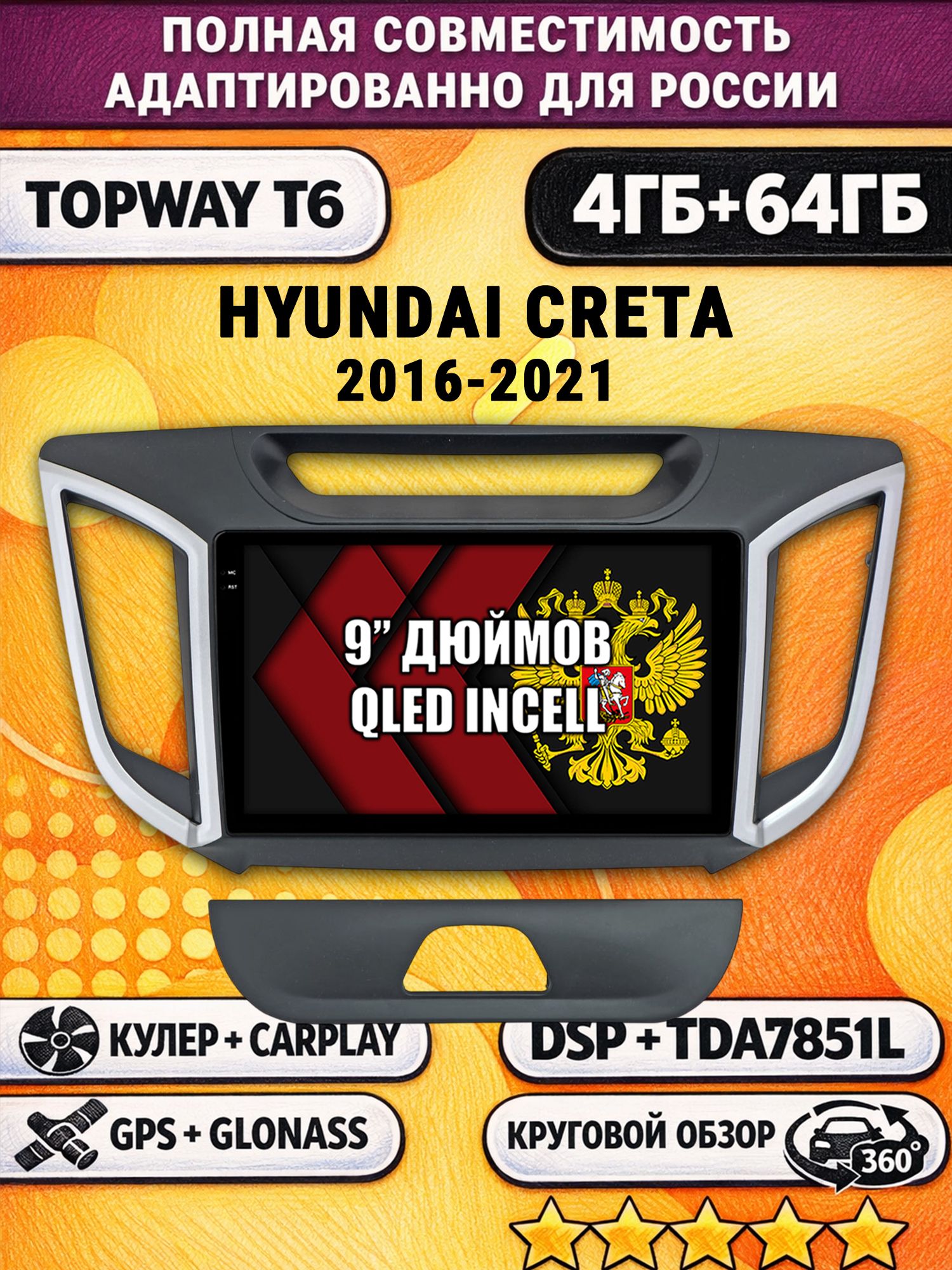 Штатная Андроид магнитола для HYUNDAI CRETA (2016 2017 2018 2019 2020 2021) Крета, 4/64гб, 360 обзор, DSP, беспроводной CarPlay/Android Auto, GPS/ГЛОНАСС