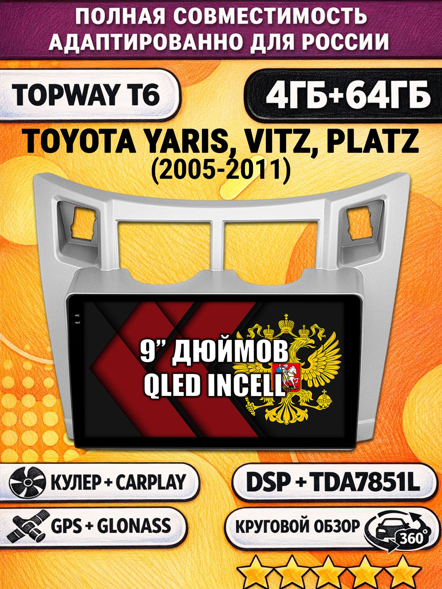 Штатная Андроид магнитола для TOYOTA YARIS, VITZ, PLATZ (2005-2011), рамка серая, 4/64гб, 360 обзор, DSP, беспроводной CarPlay/Android Auto, GPS/ГЛОНАСС