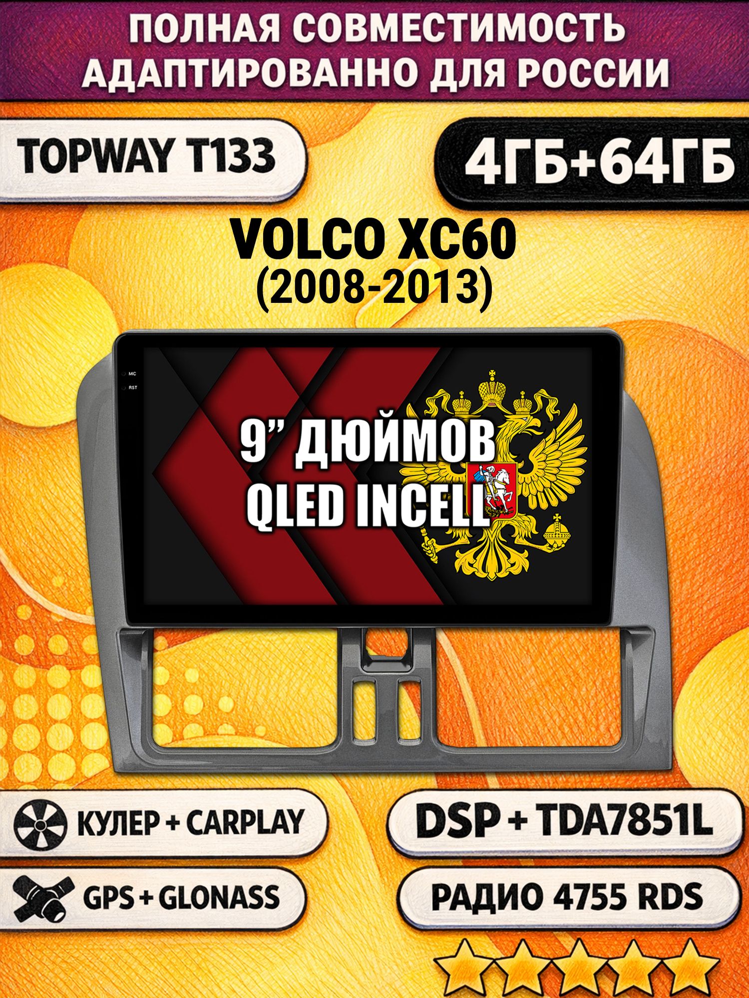 Штатная Андроид магнитола 9 для VOLVO XC60 (2008-2013), для комплектации без экрана, 4/64гб, DSP, беспроводной CarPlay и Android Auto, GPS и ГЛОНАСС