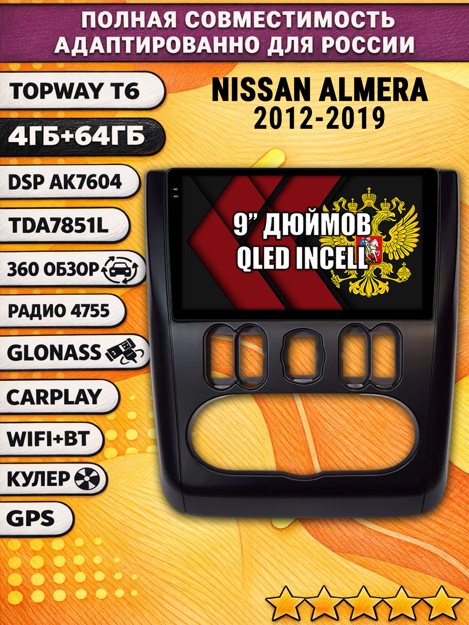 Штатная Андроид магнитола для NISSAN ALMERA (2012-2019), рамка черная матовая, 4/64гб, 360 обзор, DSP, беспроводной CarPlay/Android Auto, GPS/ГЛОНАСС