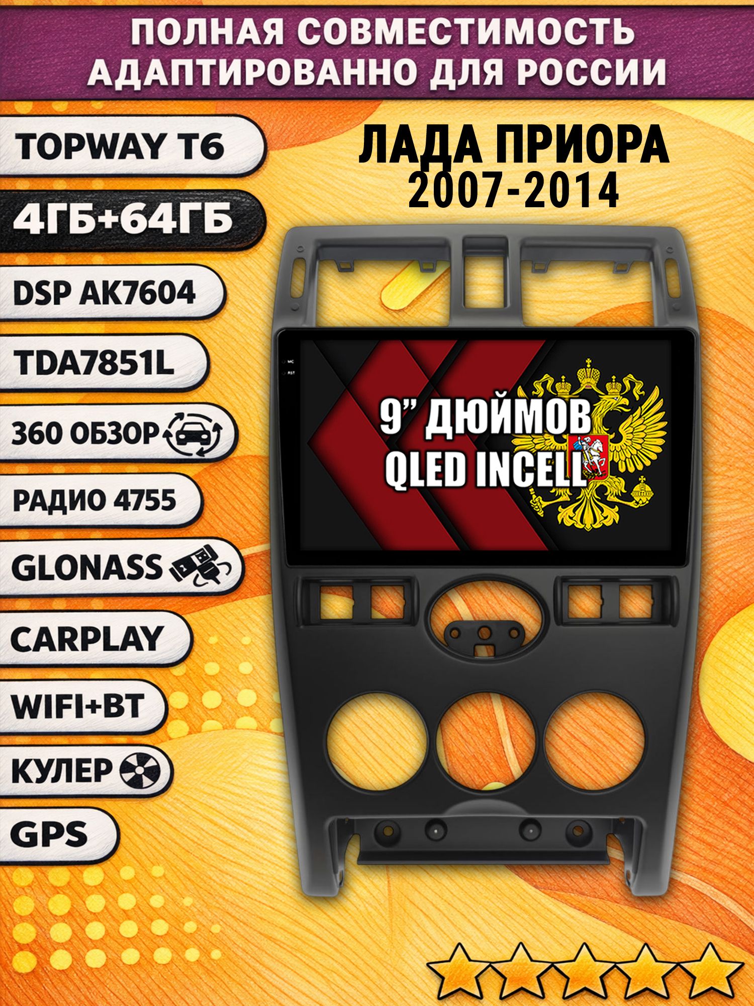 Штатная Андроид магнитола для LADA PRIORA / ЛАДА ПРИОРА (2007-2014), 4/64гб, 360 обзор, DSP, беспроводной CarPlay/Android Auto, GPS/ГЛОНАСС