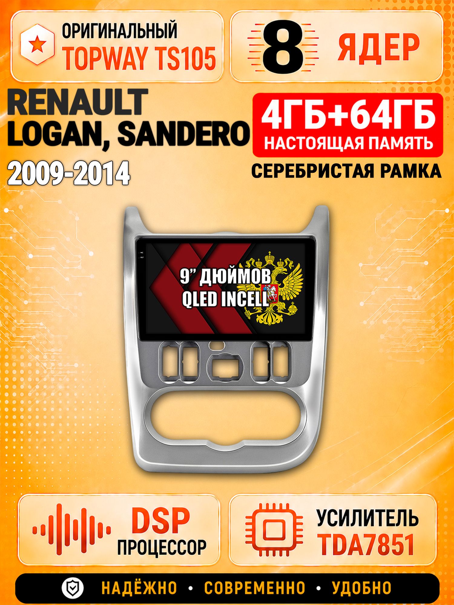 8 ядер TS105, 4ГБ+64ГБ для Renault Logan (2009-2014), Sandero (2009-2014), рамка серебро, Штатная андроид магнитола с DSP, 4G, CarPlay и Android Auto