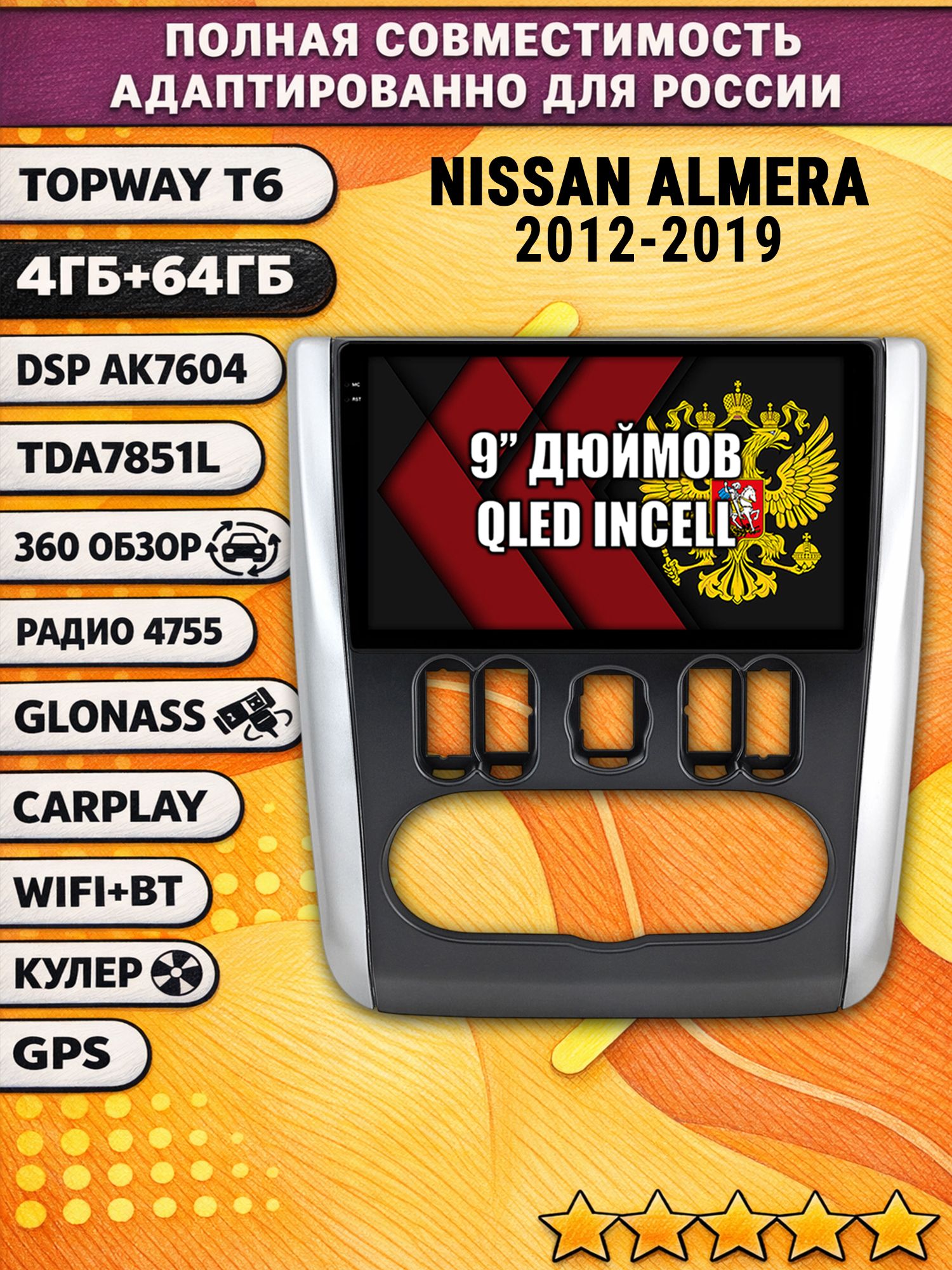 Штатная Андроид магнитола для NISSAN ALMERA (2012-2019), рамка серая, 4/64гб, 360 обзор, DSP, беспроводной CarPlay/Android Auto, GPS/ГЛОНАСС