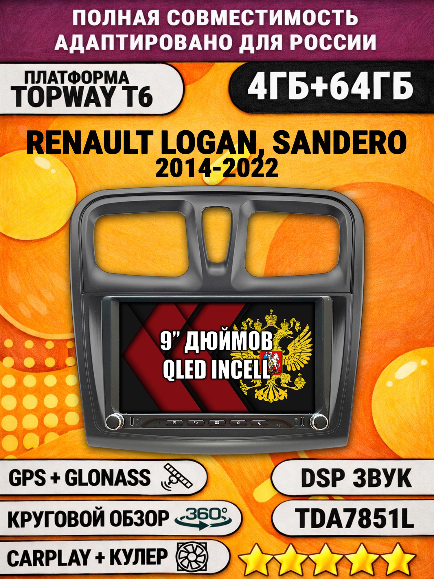 Штатная магнитола Андроид 9 для RENAULT LOGAN, SANDERO (2014 2015 2016 2017 2018 2019 2020 2021 2022), 4/64гб, DSP, 360 обзор, беспроводной CarPlay и Android Auto, GPS и ГЛОНАСС