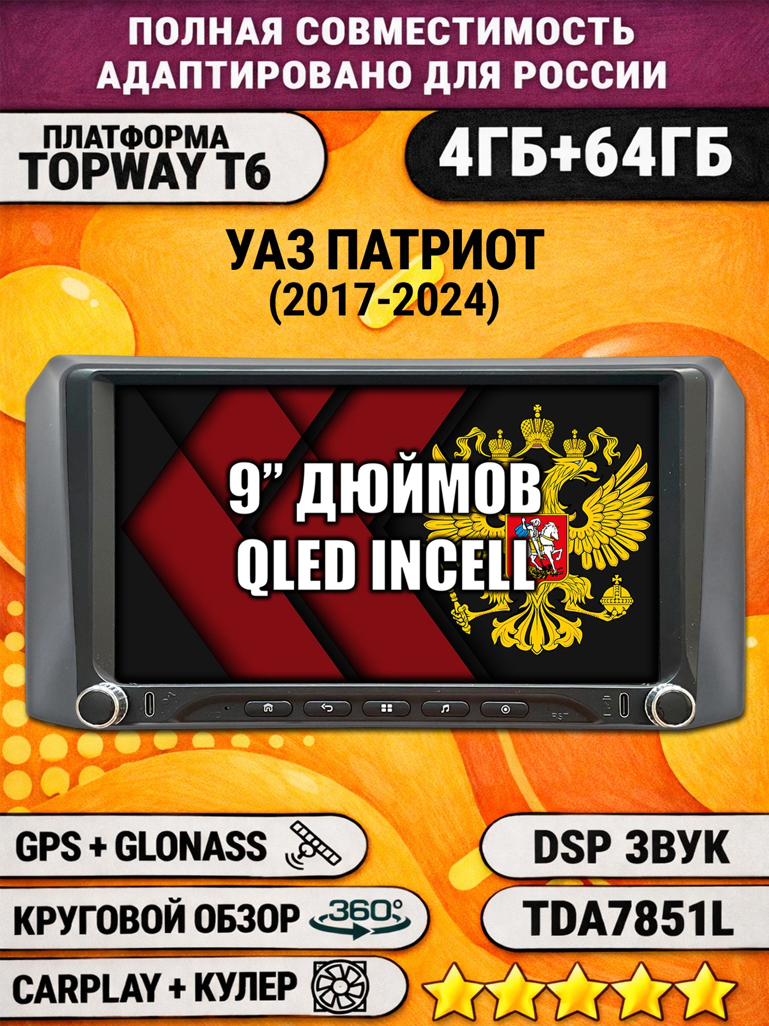 Штатная магнитола Андроид 9 для УАЗ ПАТРИОТ (2017 2018 2019 2020 2021 2022 2023 2024) Uaz Patriot, UAZ PATRIOT, 4/64гб, DSP, 360 обзор, беспроводной CarPlay и Android Auto, GPS и ГЛОНАСС