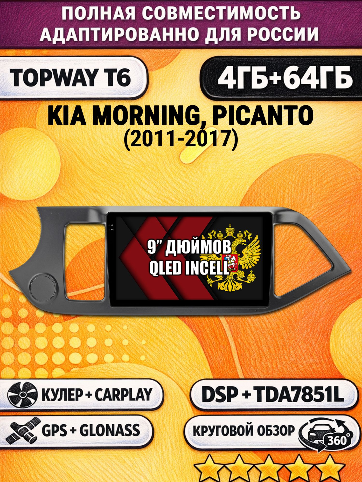 Штатная Андроид магнитола для KIA MORNING (2011-2017), PICANTO (2011-2017), 4/64гб, 360 обзор, DSP, беспроводной CarPlay/Android Auto, GPS/ГЛОНАСС
