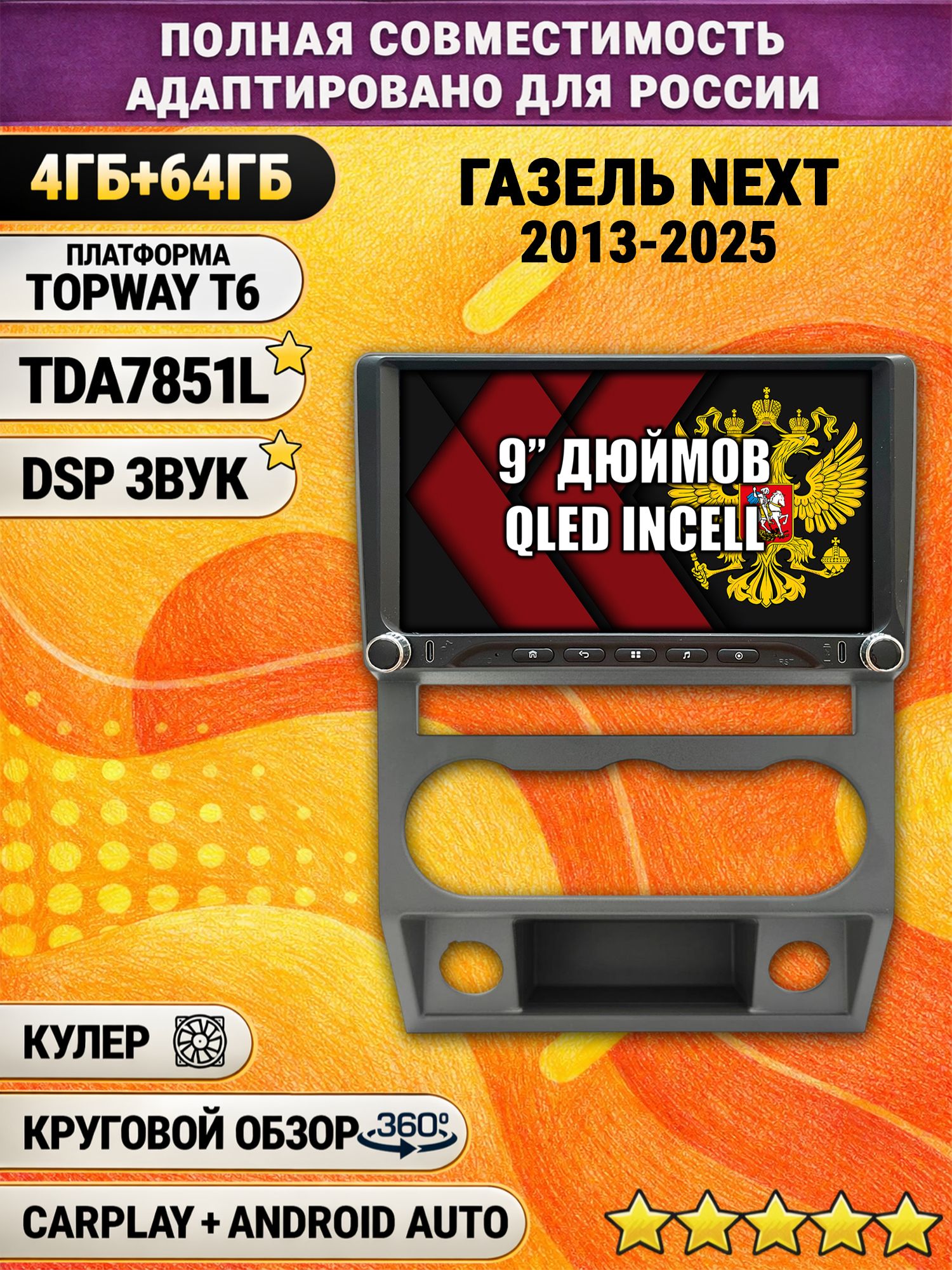 Штатная магнитола Андроид 9 для Газель Некст Next (2013 2014 2015 2016 2017 2018 2019 2020 2021 2022 2023 2024 2025), 4/64гб, DSP, 360 обзор, беспроводной CarPlay и Android Auto, GPS и ГЛОНАСС