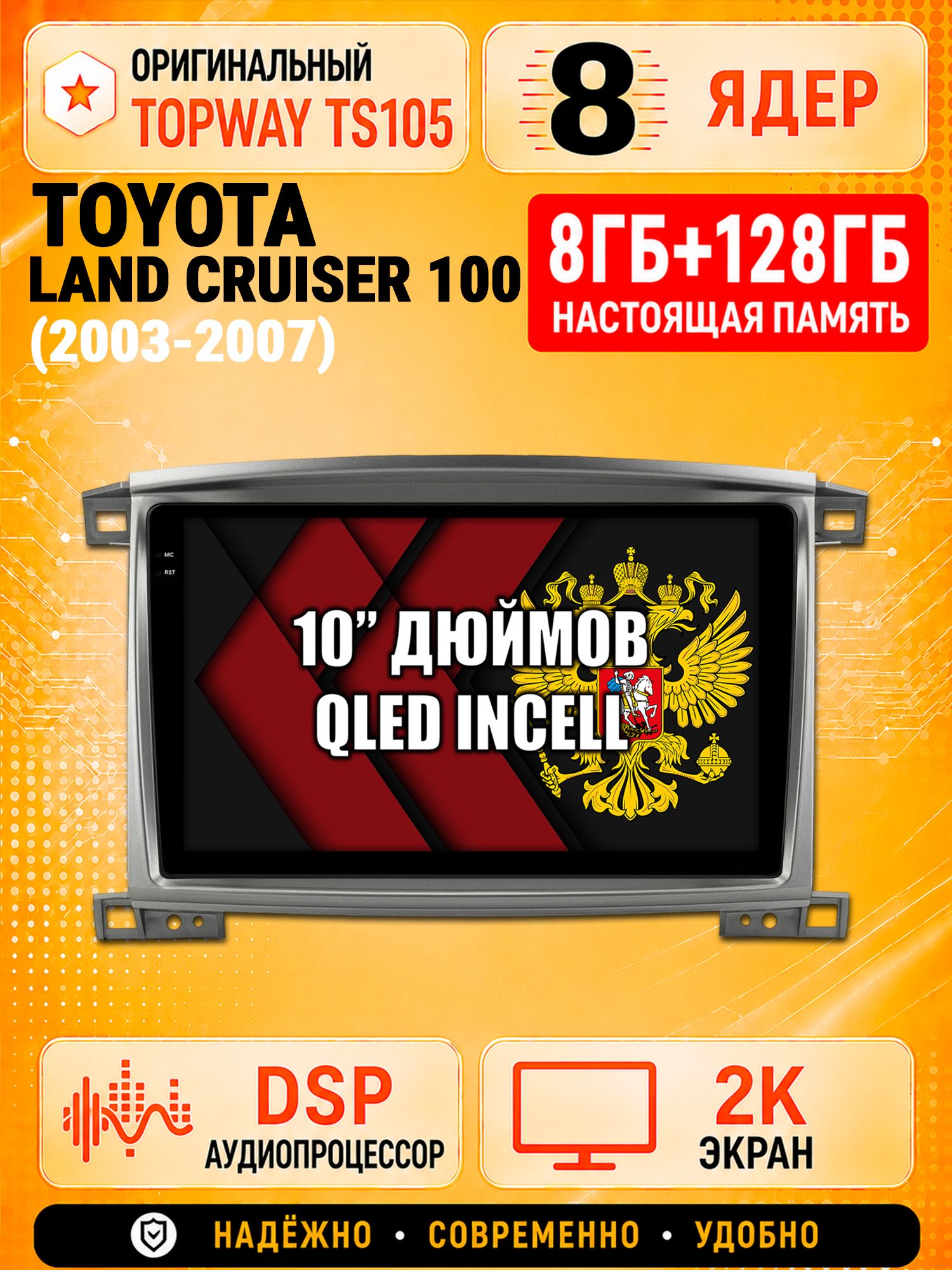TS105 8 ядер, 8гб+128гб экран 2К для TOYOTA LAND CRUISER 100 (2003-2007), Android магнитола