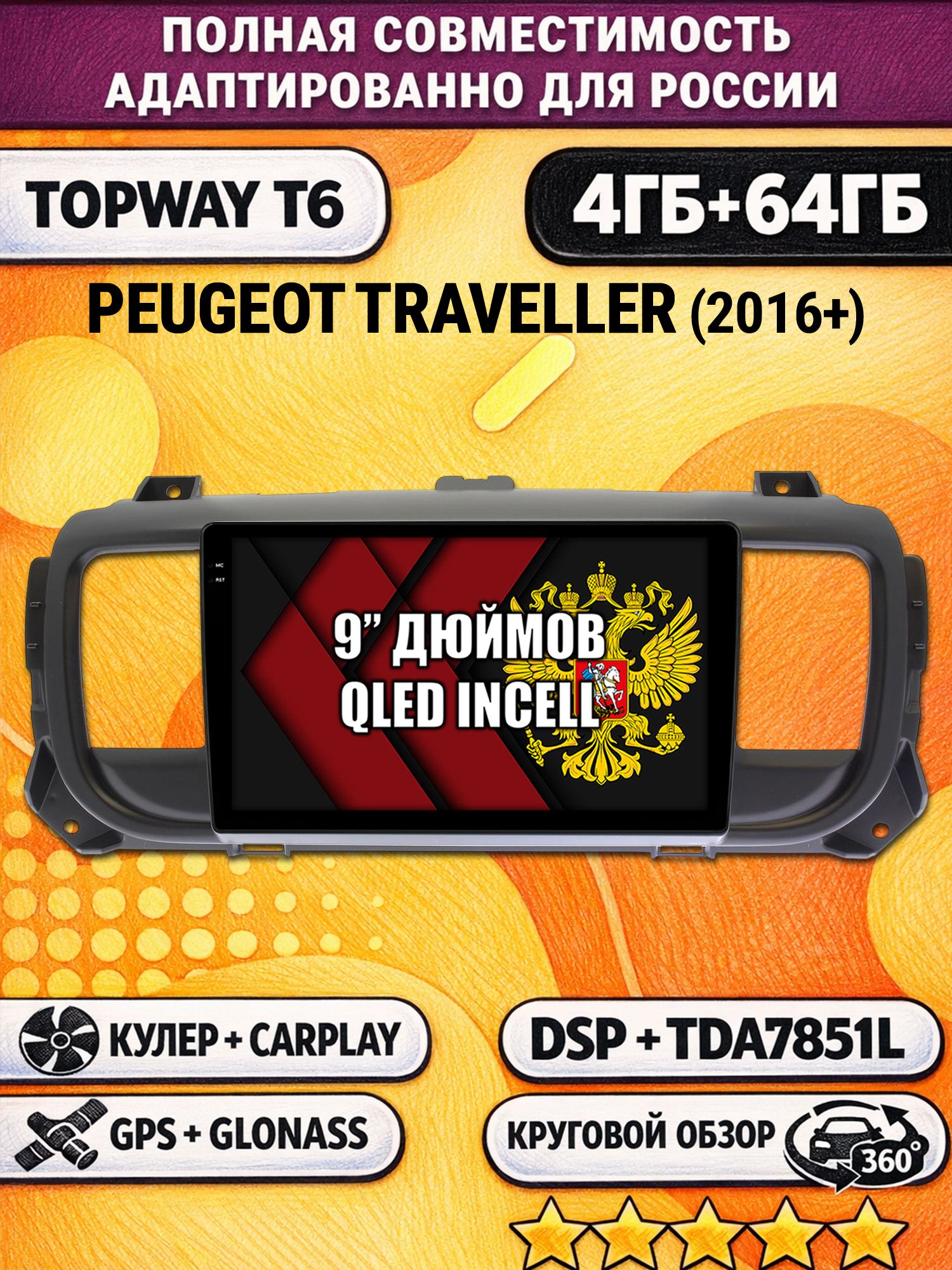 Штатная Андроид магнитола для PEUGEOT TRAVELLER (2016-2024), 4/64гб, 360 обзор, DSP, беспроводной CarPlay/Android Auto, GPS/ГЛОНАСС