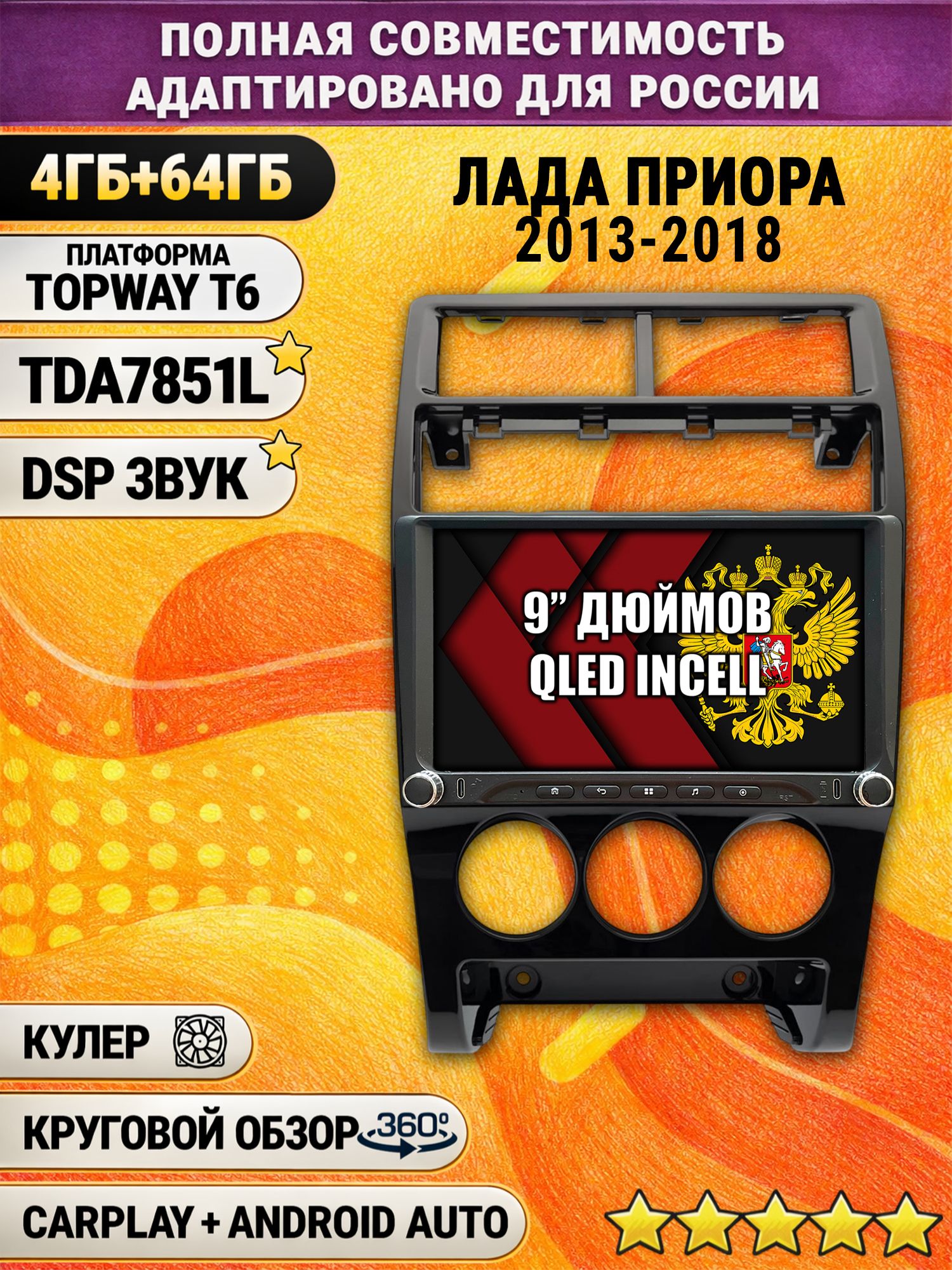 Штатная магнитола Андроид 9 для ЛАДА ПРИОРА (2013-2018), LADA PRIORA, 4/64гб, DSP, 360 обзор, беспроводной CarPlay и Android Auto, GPS и ГЛОНАСС