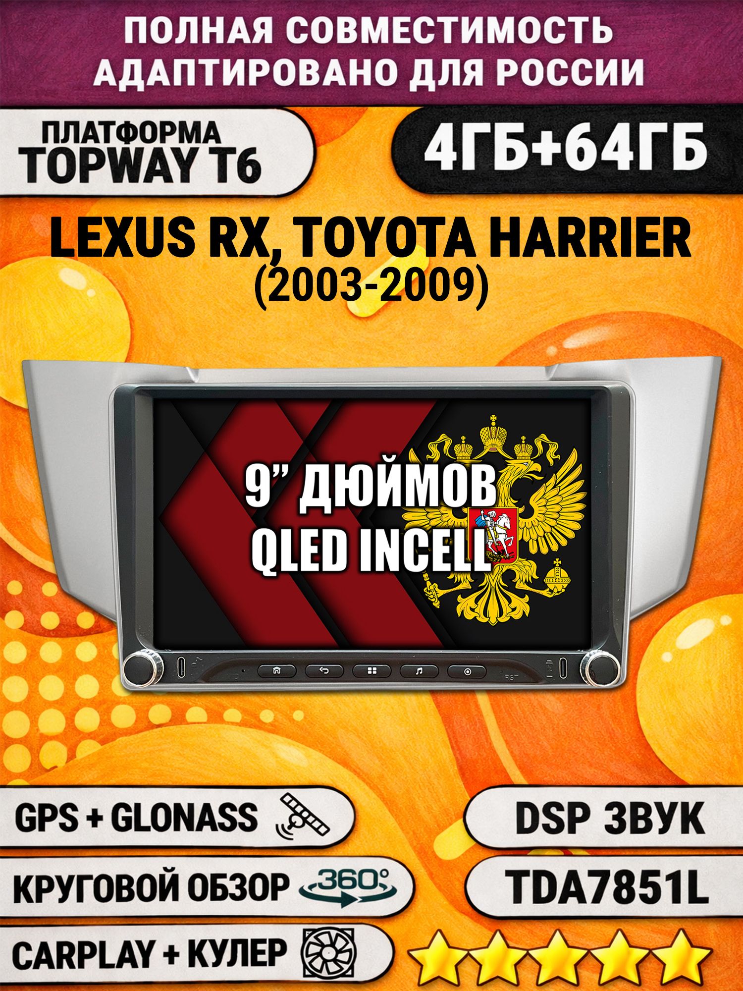 Штатная магнитола Андроид 9 для LEXUS RX300, RX330, RX350 (2003-2009), 4/64гб, DSP, 360 обзор, беспроводной CarPlay и Android Auto, GPS и ГЛОНАСС