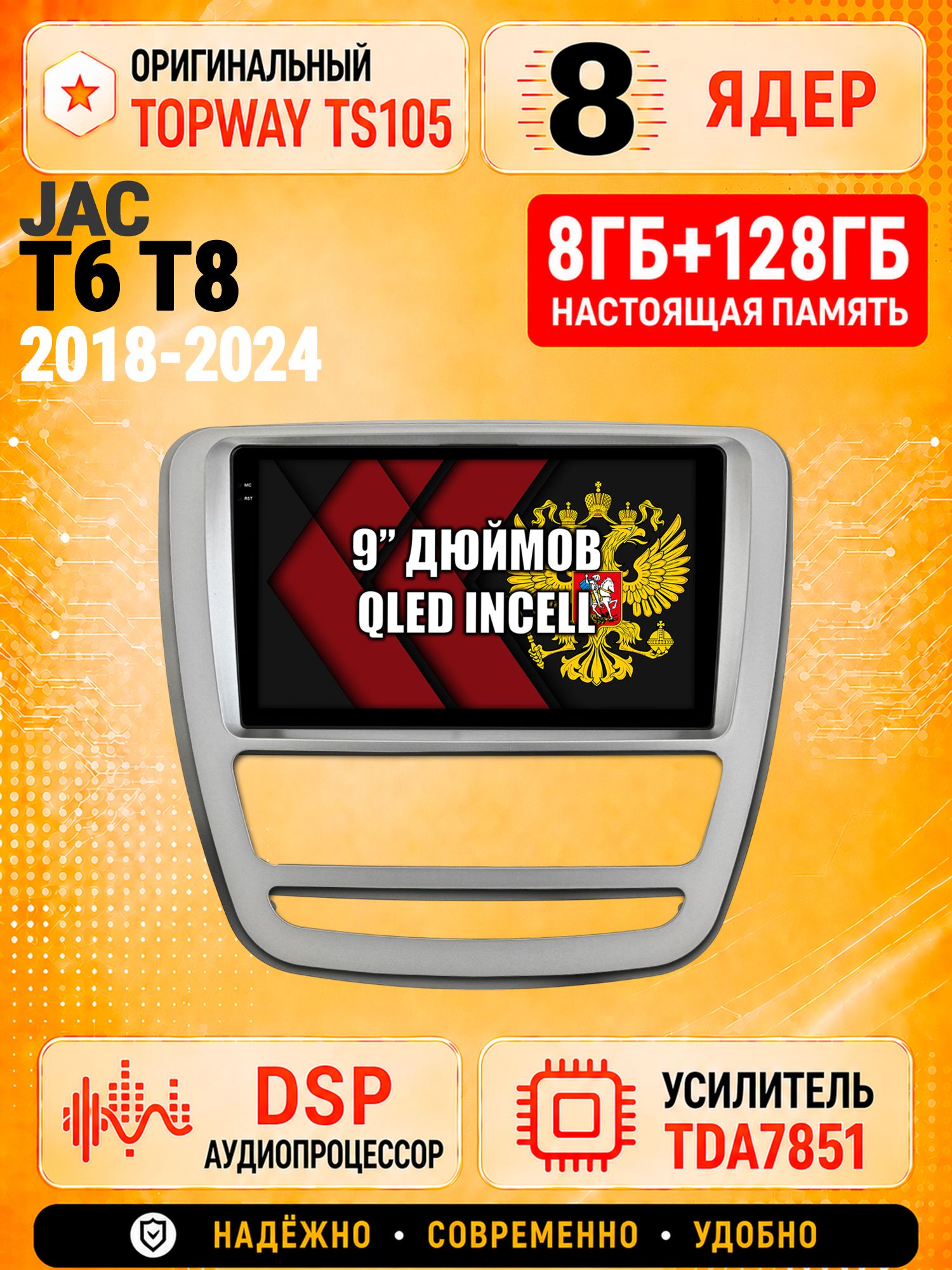 8 ядер TS105 с памятью 8гб+128гб для Jac T6 T8 (2018-2024), Штатная андроид магнитола, DSP, 4G, беспроводной CarPlay/Android Auto