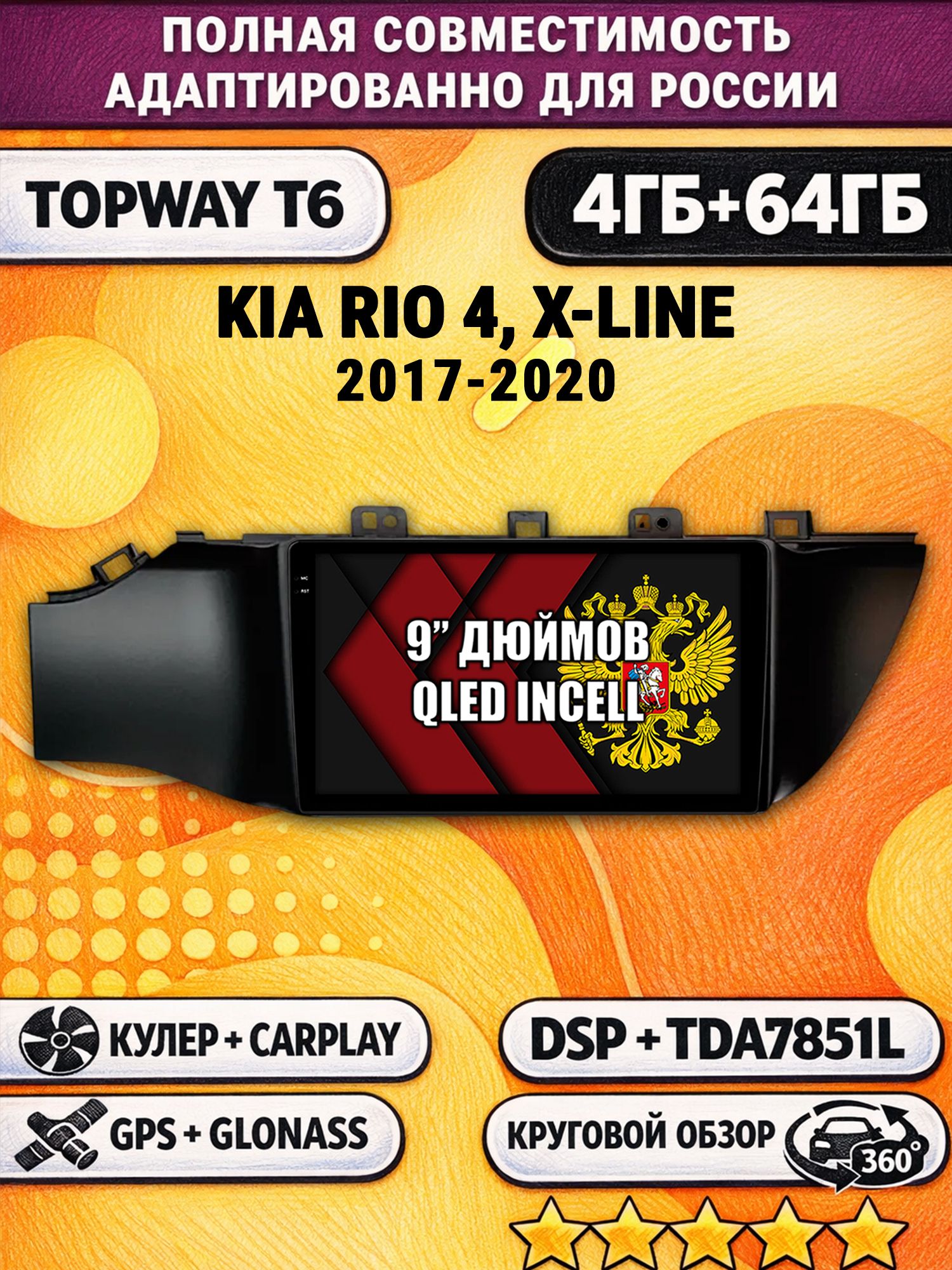 Штатная Андроид магнитола для KIA RIO, X-LINE 4 (2017 2018 2019 2020) Киа Рио, рамка черная матовая, 4/64гб, 360 обзор, DSP, беспроводной CarPlay/Android Auto, GPS/ГЛОНАСС