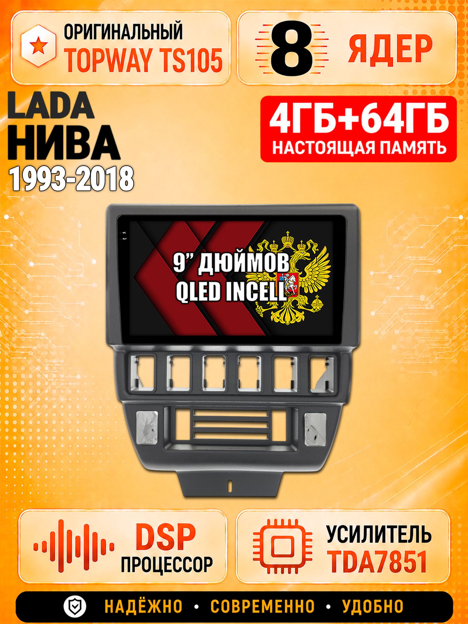 8 ядер TS105, 4ГБ+64ГБ для Лада Нива (1993-2018), Lada Niva 4X4, Штатная андроид магнитола с DSP, 4G, CarPlay и Android Auto